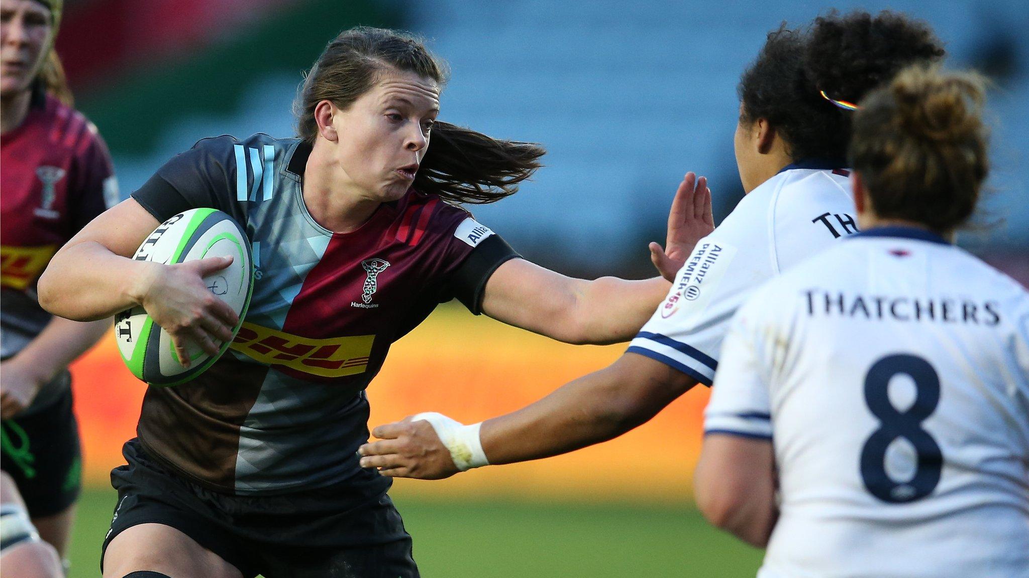 Abbie Ward of Harlequins goes up against Bristol's Rownita Marston