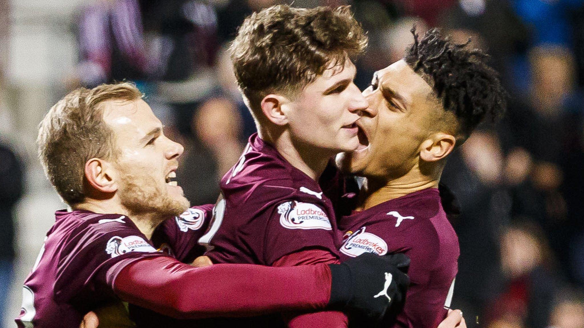 Hearts celebrate Rory Currie's (centre) equaliser