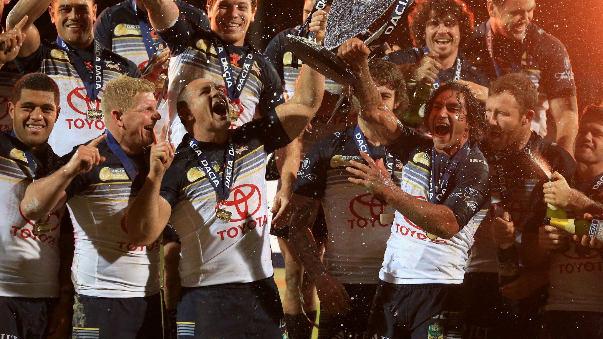 North Queensland Cowboys celebrate with the World Club Challenge Trophy