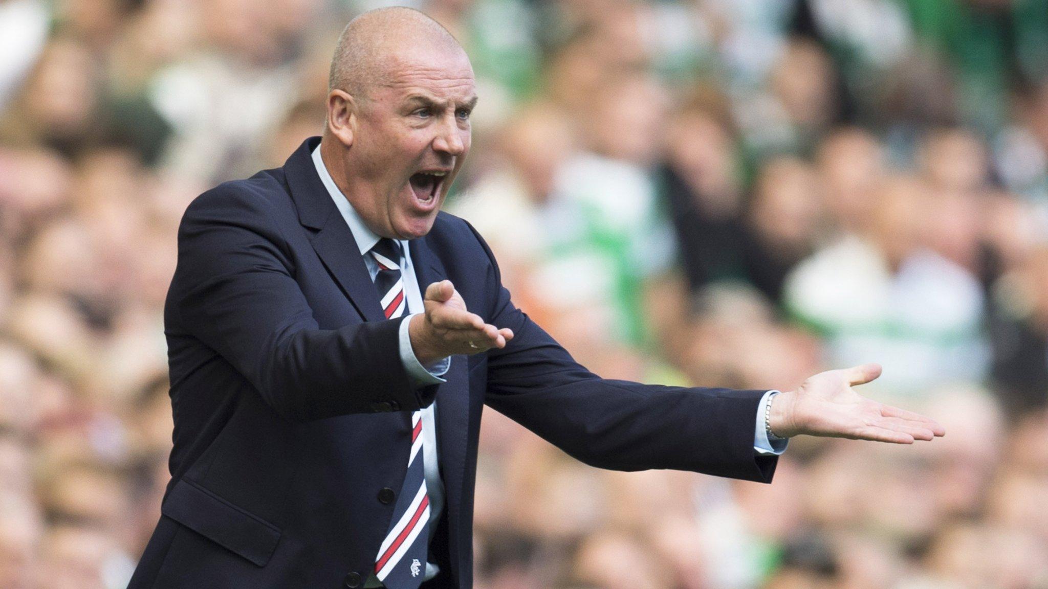 Mark Warburton gestures to his players in Rangers' 5-1 defeat by Celtic