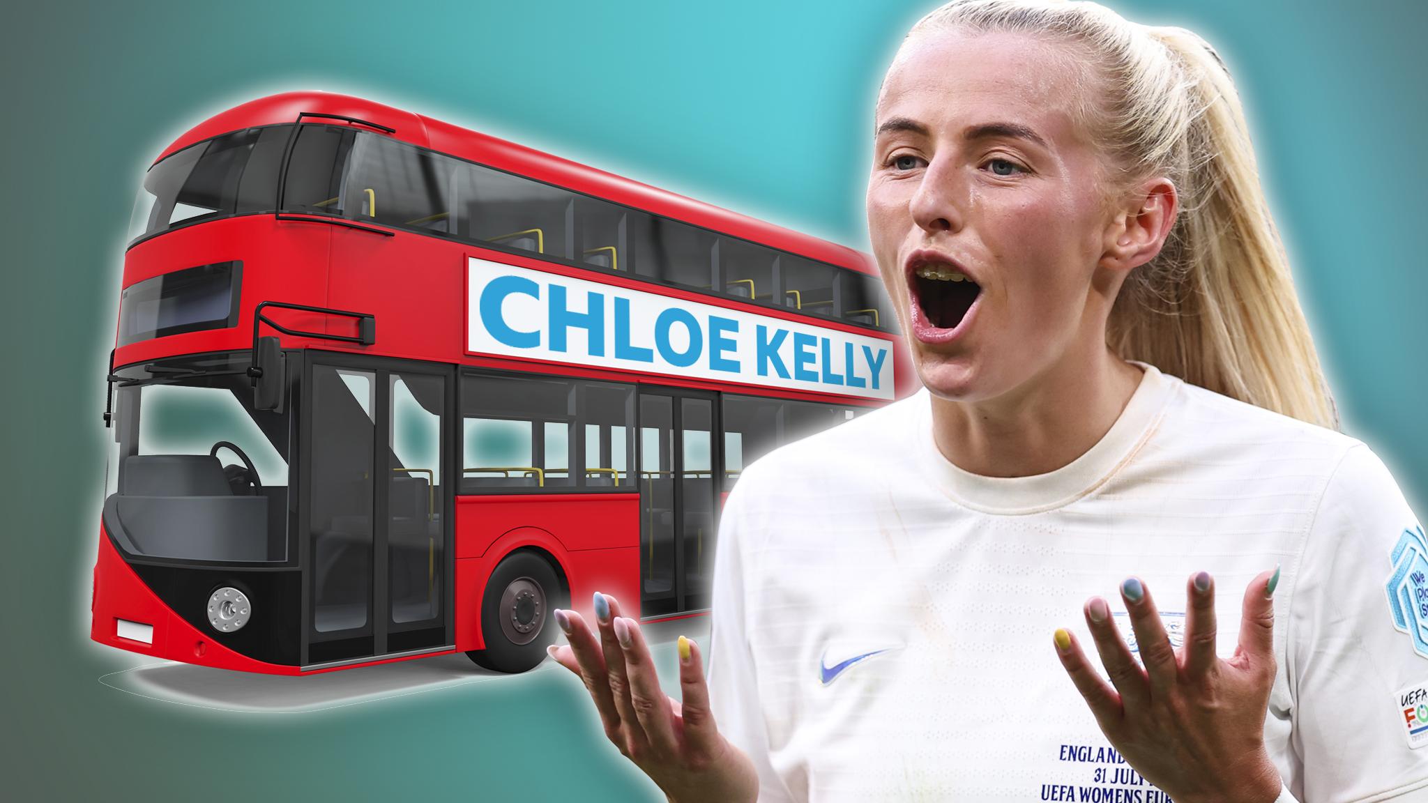 footballer chloe kelly looking shocked next to an image of a bus with her name on the side