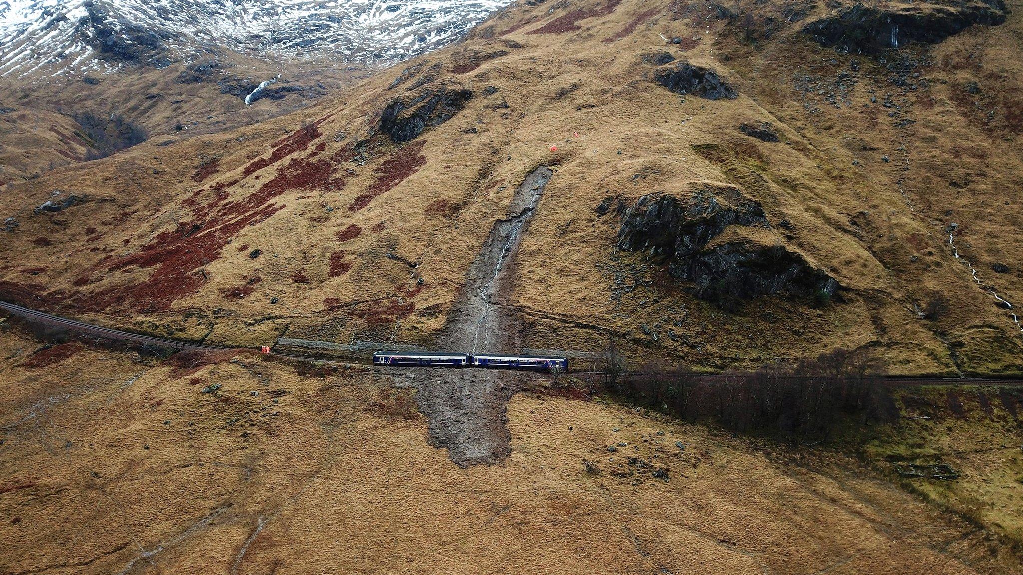 Image taken by a drone of train stuck in landslip