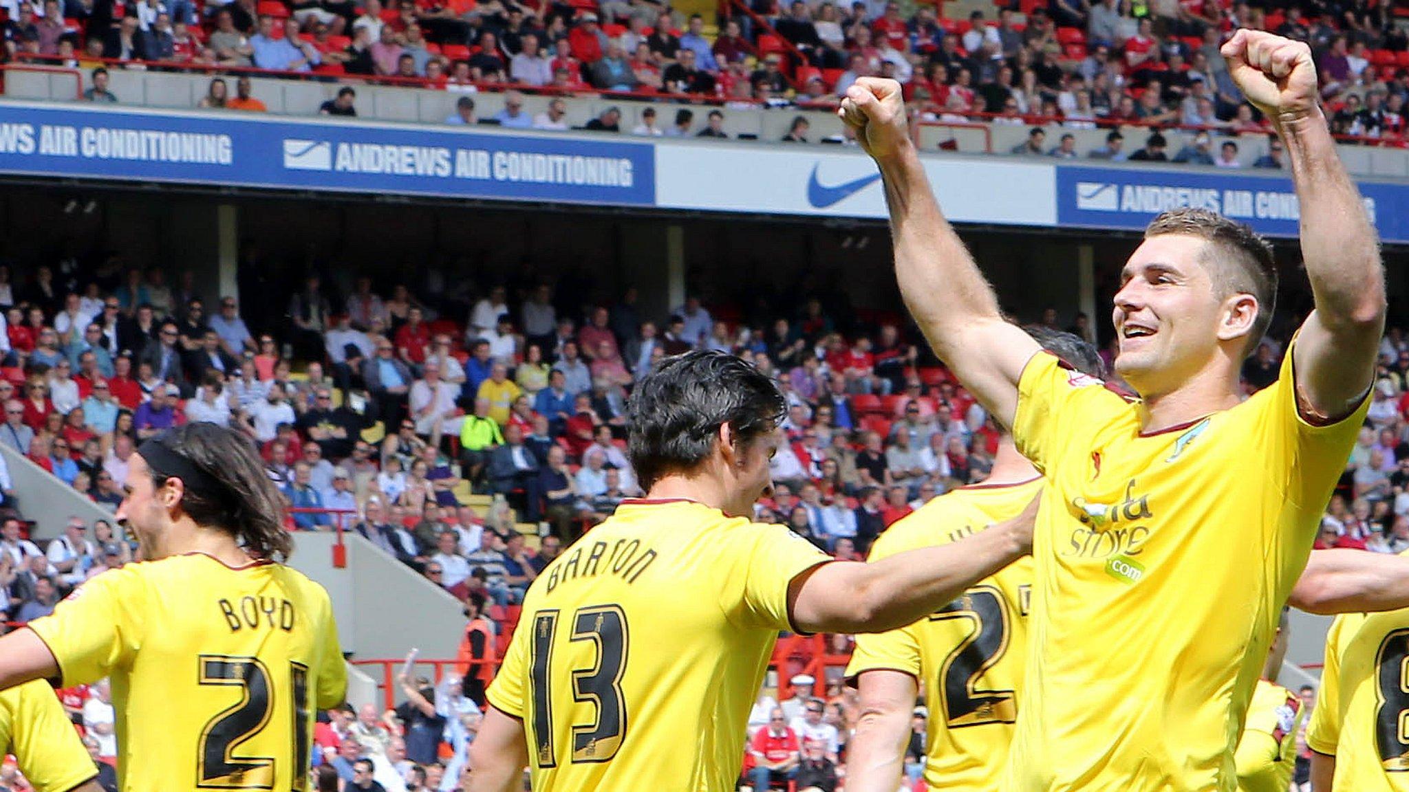 Sam Vokes celebrates his first-half goal against Charlton