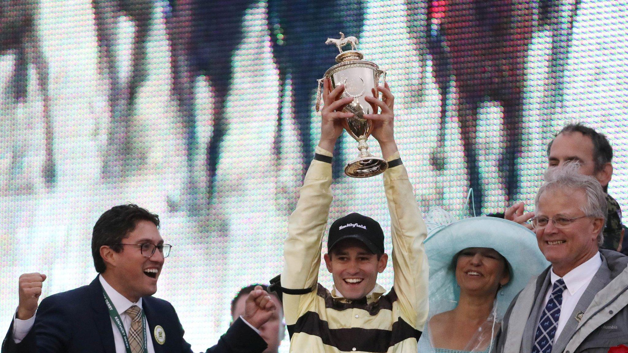 Country House jockey Flavien Prat celebrates Kentucky Derby win