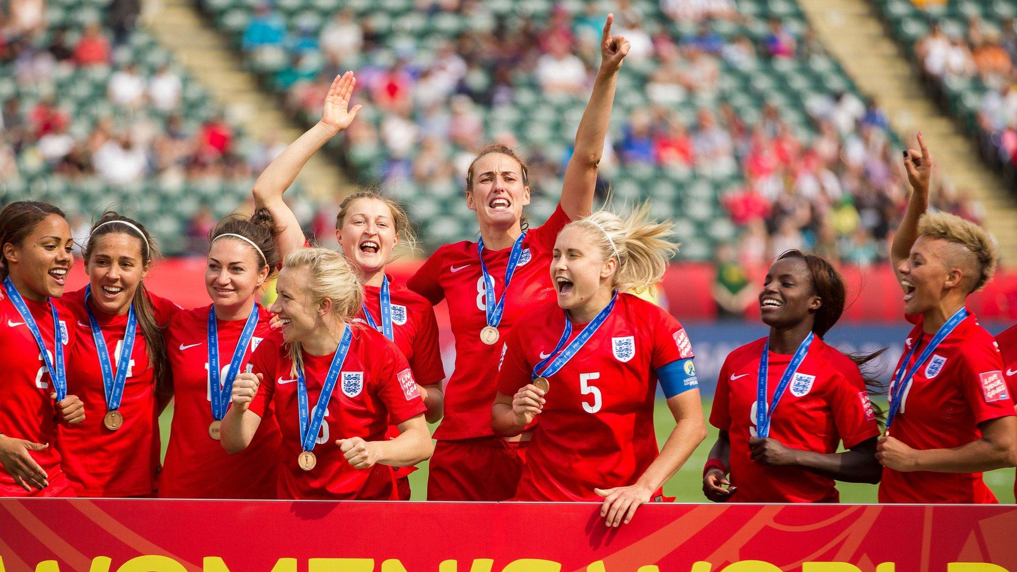 The England team celebrate their win