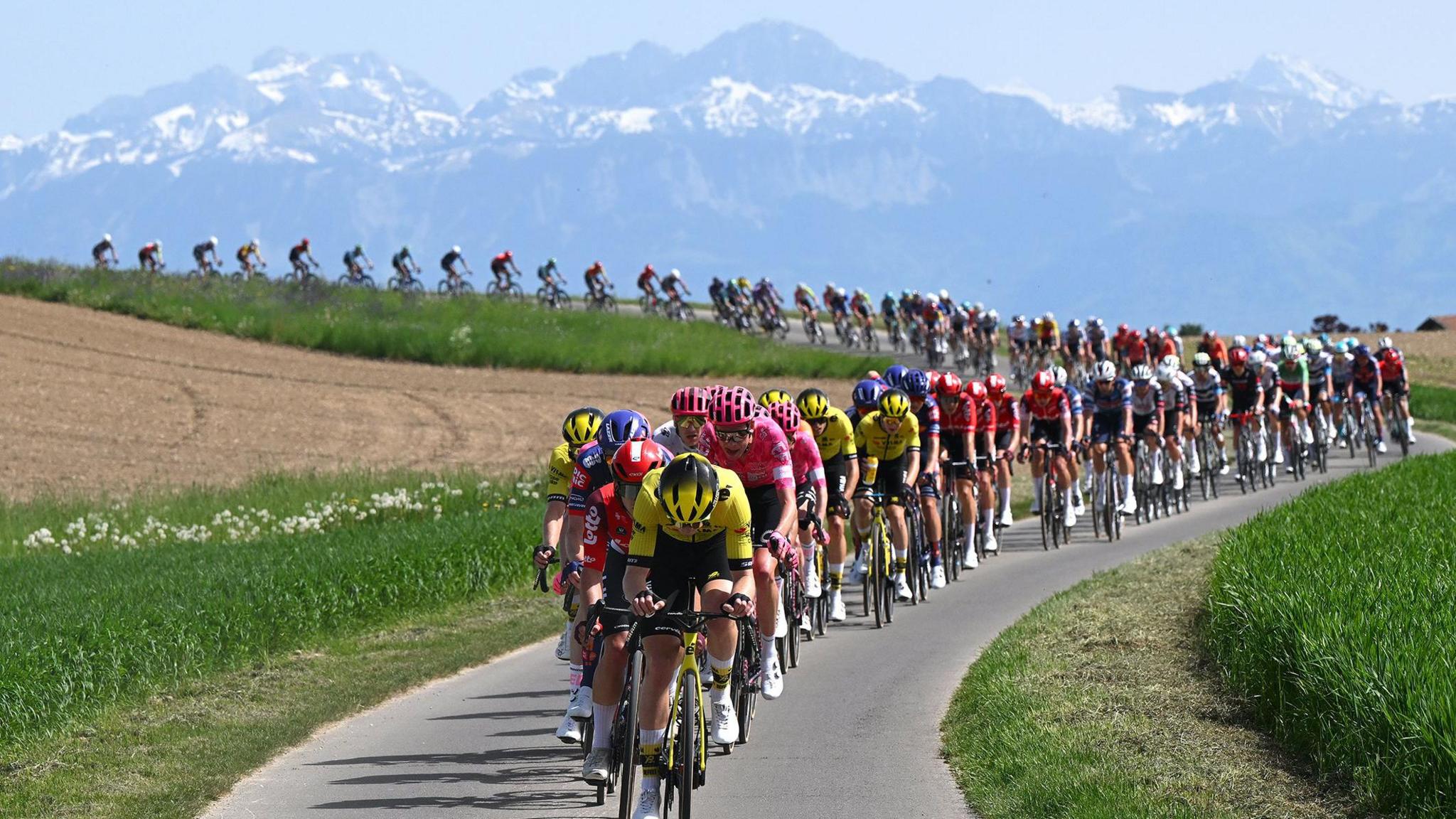 Cylists weave through the Swiss countryside in the peloton during the 78th Tour De Romandie 2025 - Stage 3 a 183.1km stage from Cossonay to Cossonay