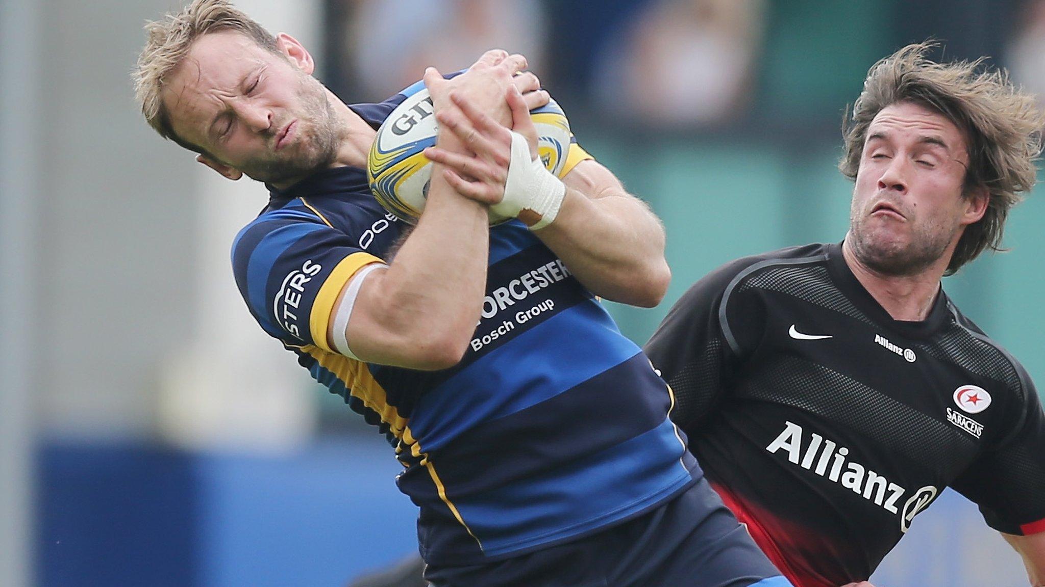 Worcester Warriors full-back Chris Pennell out jumps Marcello Bosch during the season-closing home defeat by Saracens