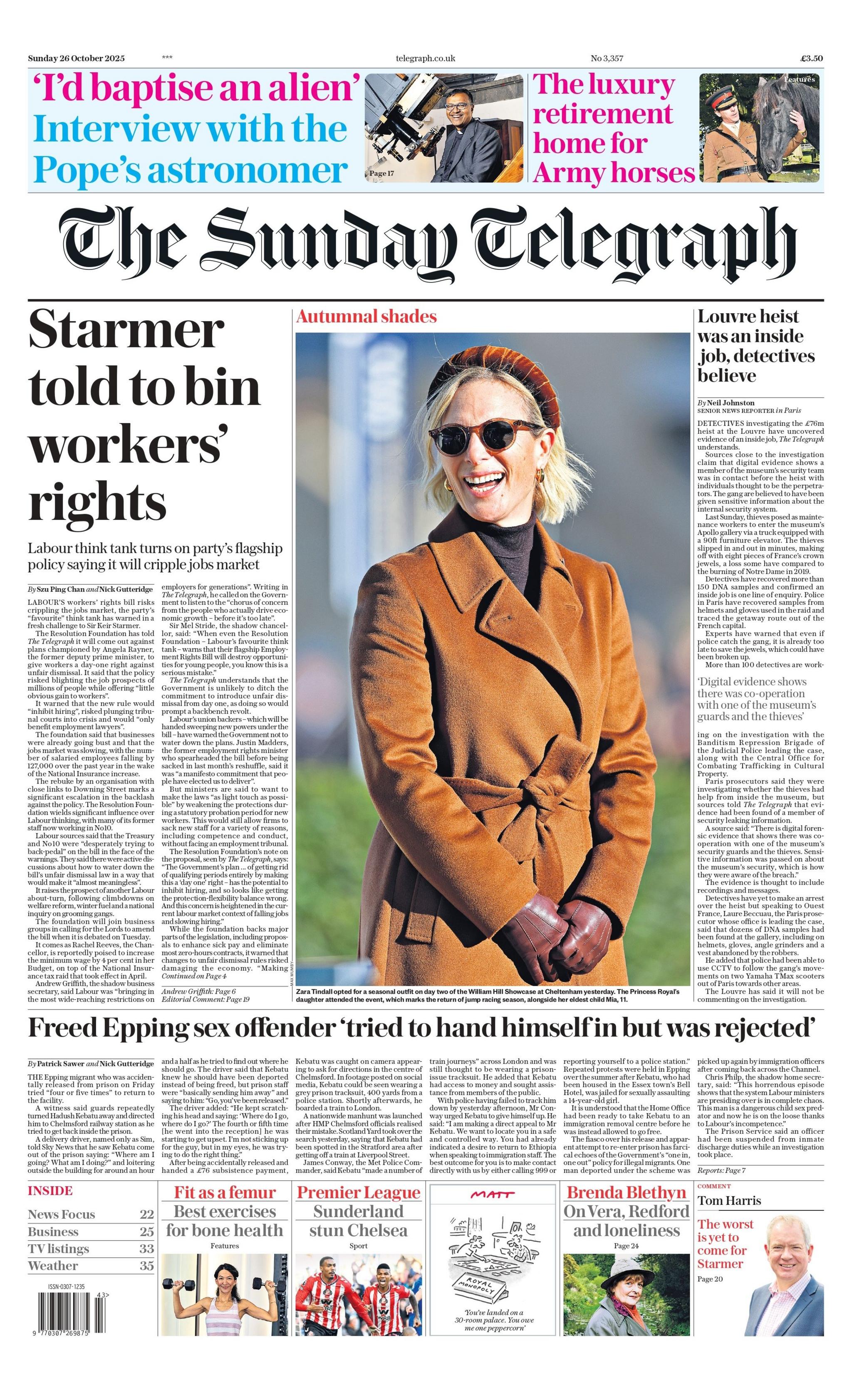 The headline on the front page of the Sunday Telegraph reads: "Starmer told to bin workers' rights".