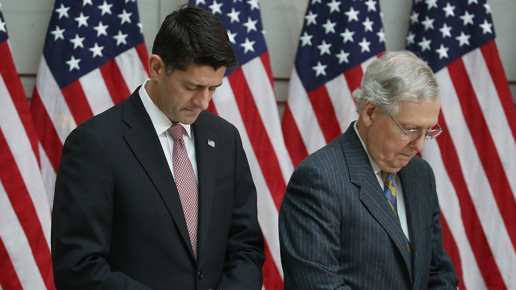 House Speaker Paul Ryan (R-WI) (L) and Senate Majority Leader Mitch McConnell (R-KY) participate in a ceremony to honor American prisoners of war and the nearly 83,000 servicemen and women missing in action, at the US Capitol on November 8, 2017 in Washington, DC.