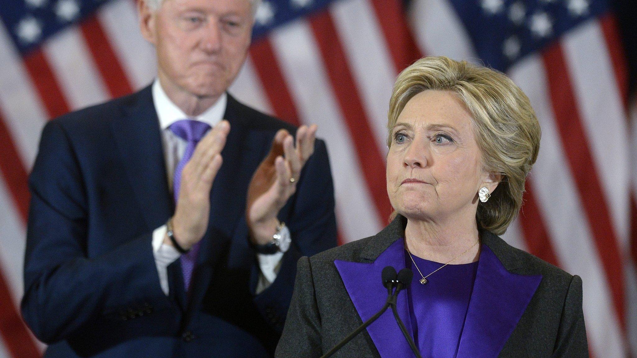 US Democratic presidential candidate Hillary Clinton makes a concession speech after being defeated by Republican president-elect Donald Trump in New York on 9 November 2016.