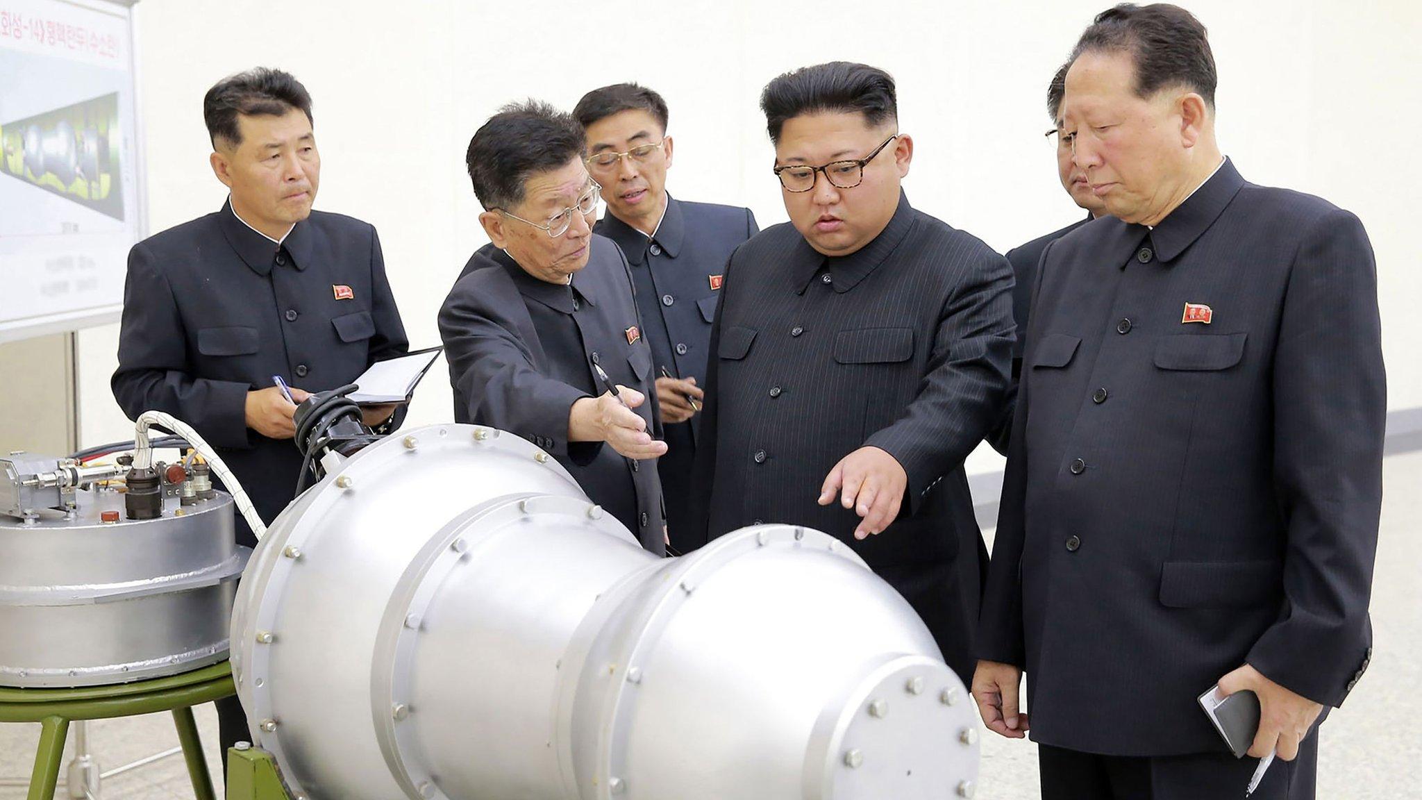 Undated handout photo of Kim Jong-un looking at military hardware, on 3 September 2017