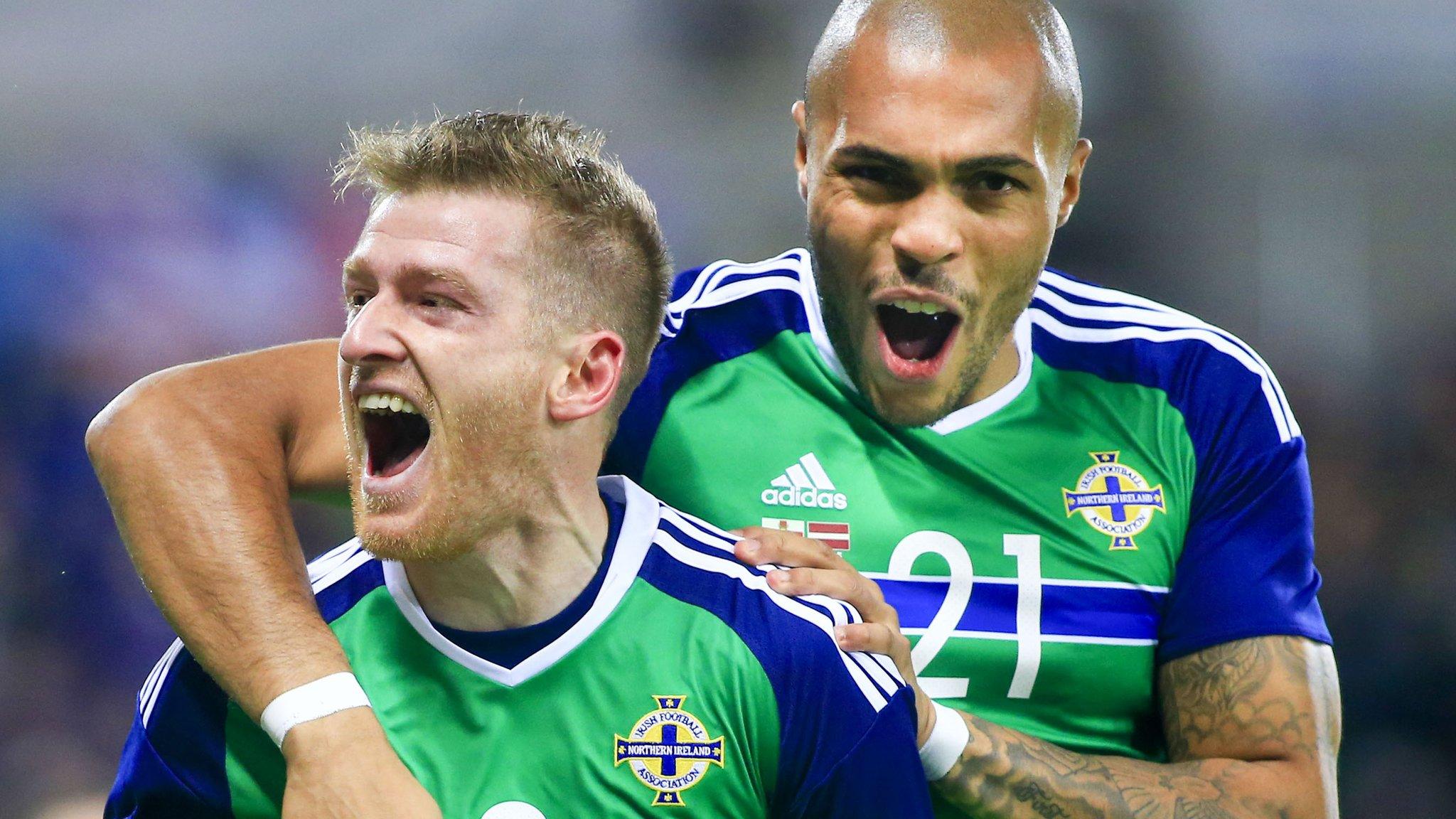 Northern Ireland captain Steven Davis celebrates scoring against San Marino