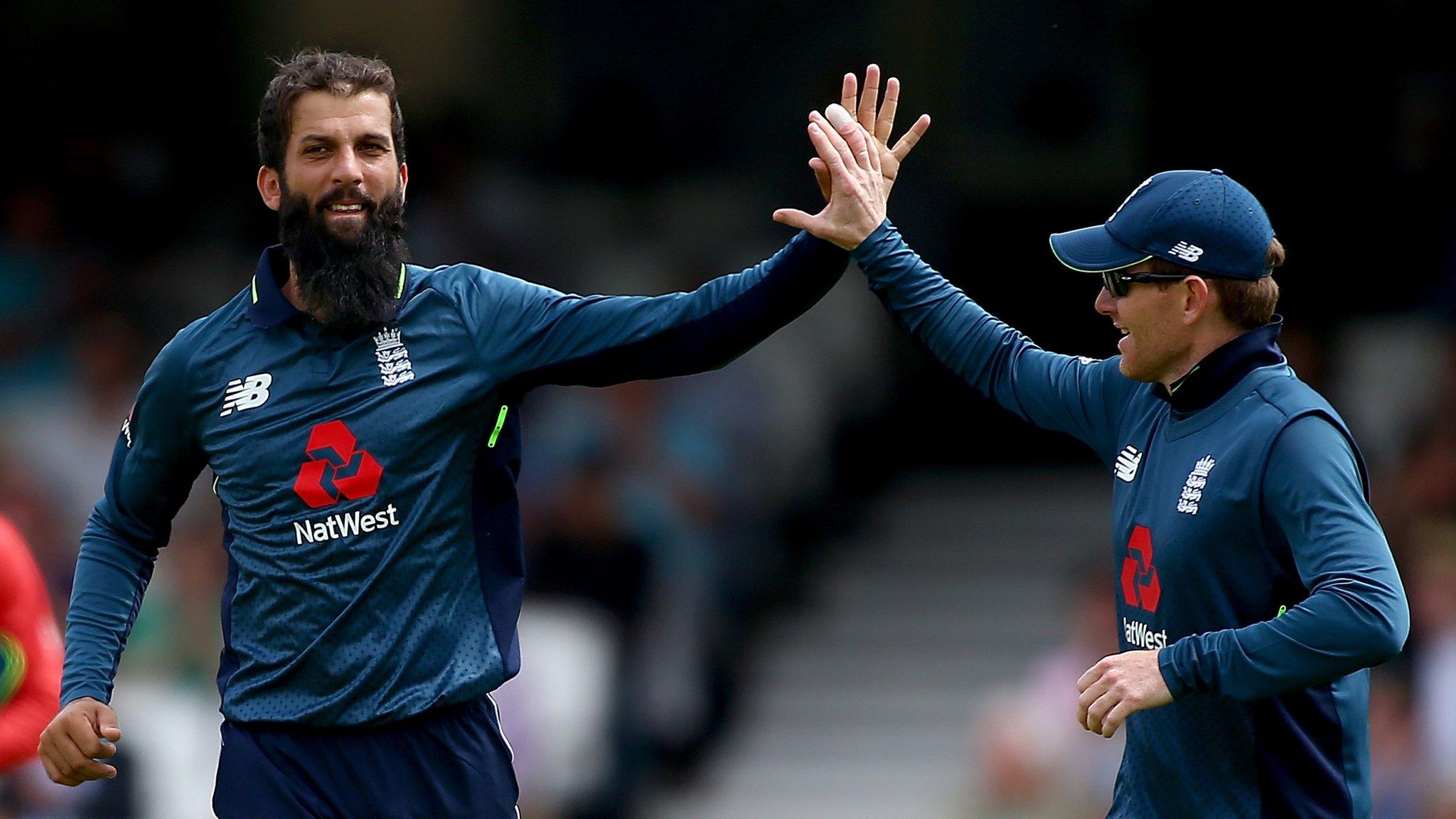 Moeen Ali celebrates a wicket with Eoin Morgan