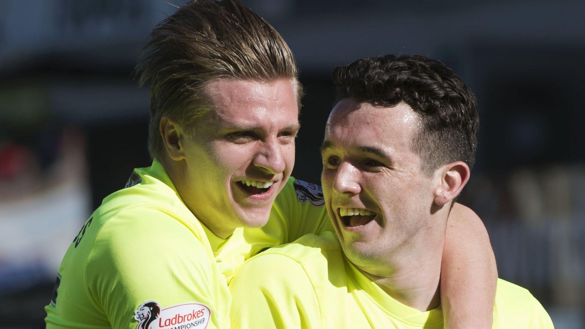 Hibernian's Jason Cummings and John McGinn celebrate