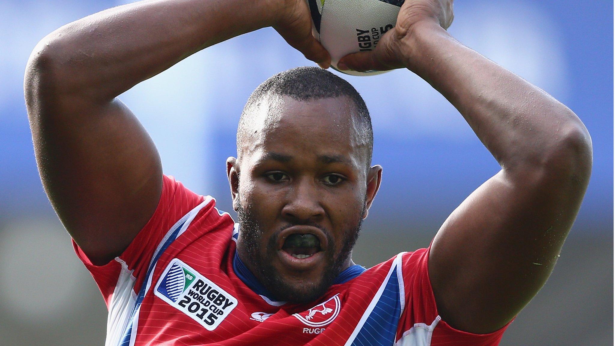 Tjiuee Uanivi wins a line-out for Namibia against Argentina at the 2015 Rugby World Cup