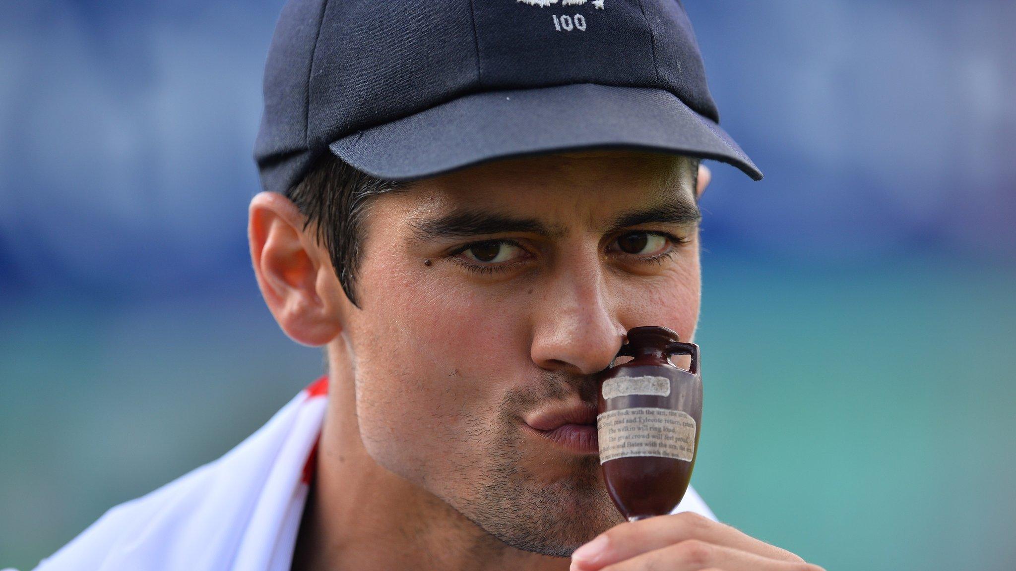 England captain Alastair Cook kisses the Ashes urn