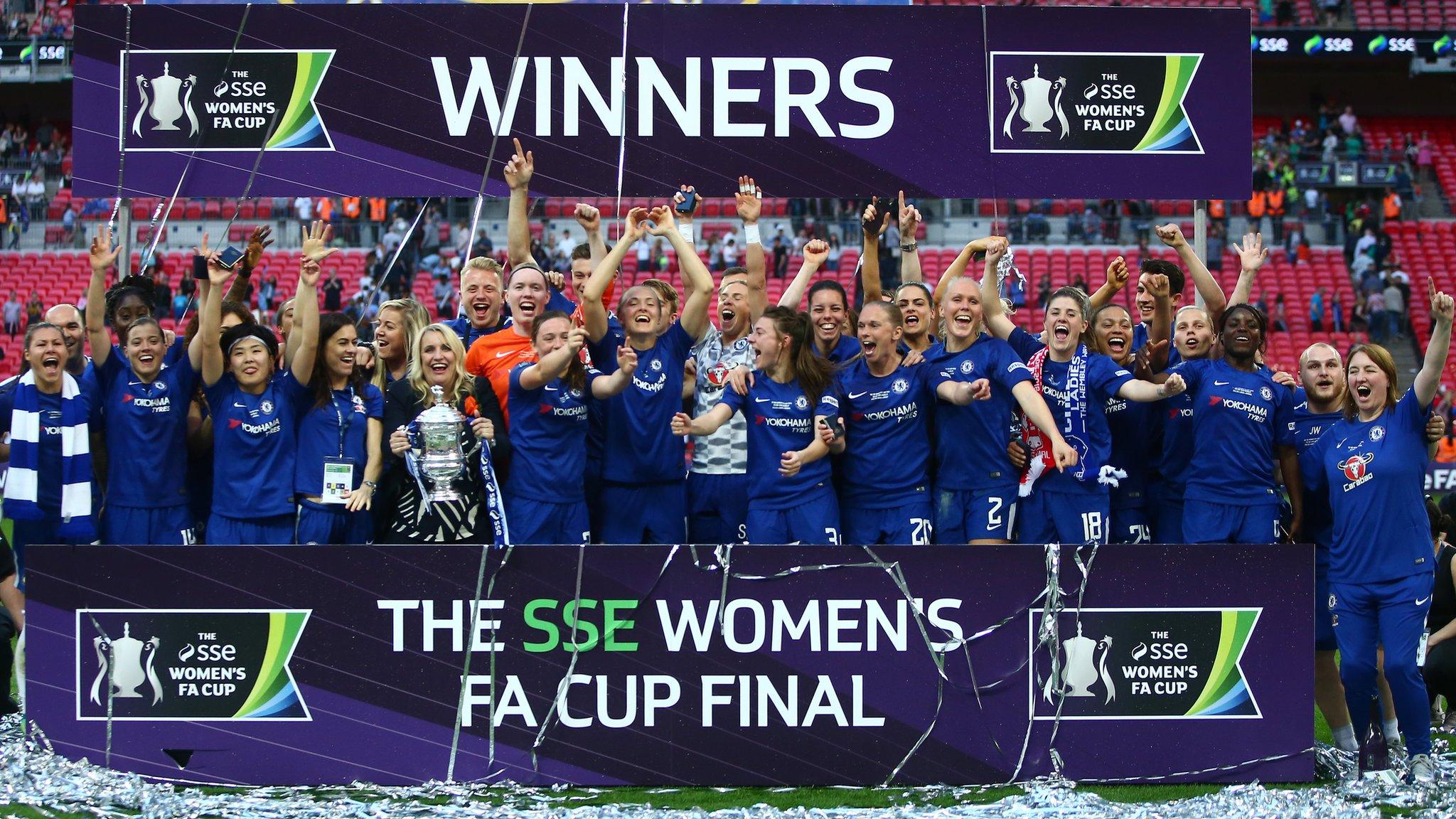 Chelsea celebrate winning the 2017-18 Women's FA Cup at Wembley