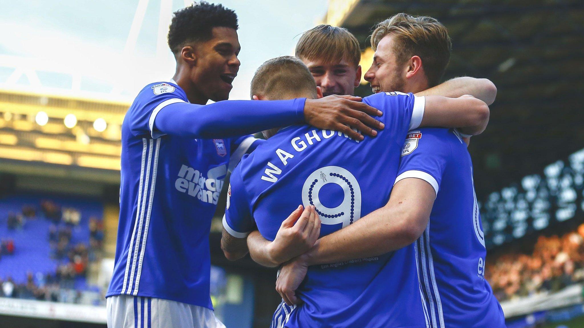 Ipswich players celebrate Callum Connolly's opening goal in the 4-2 win over Forest at Portman Road