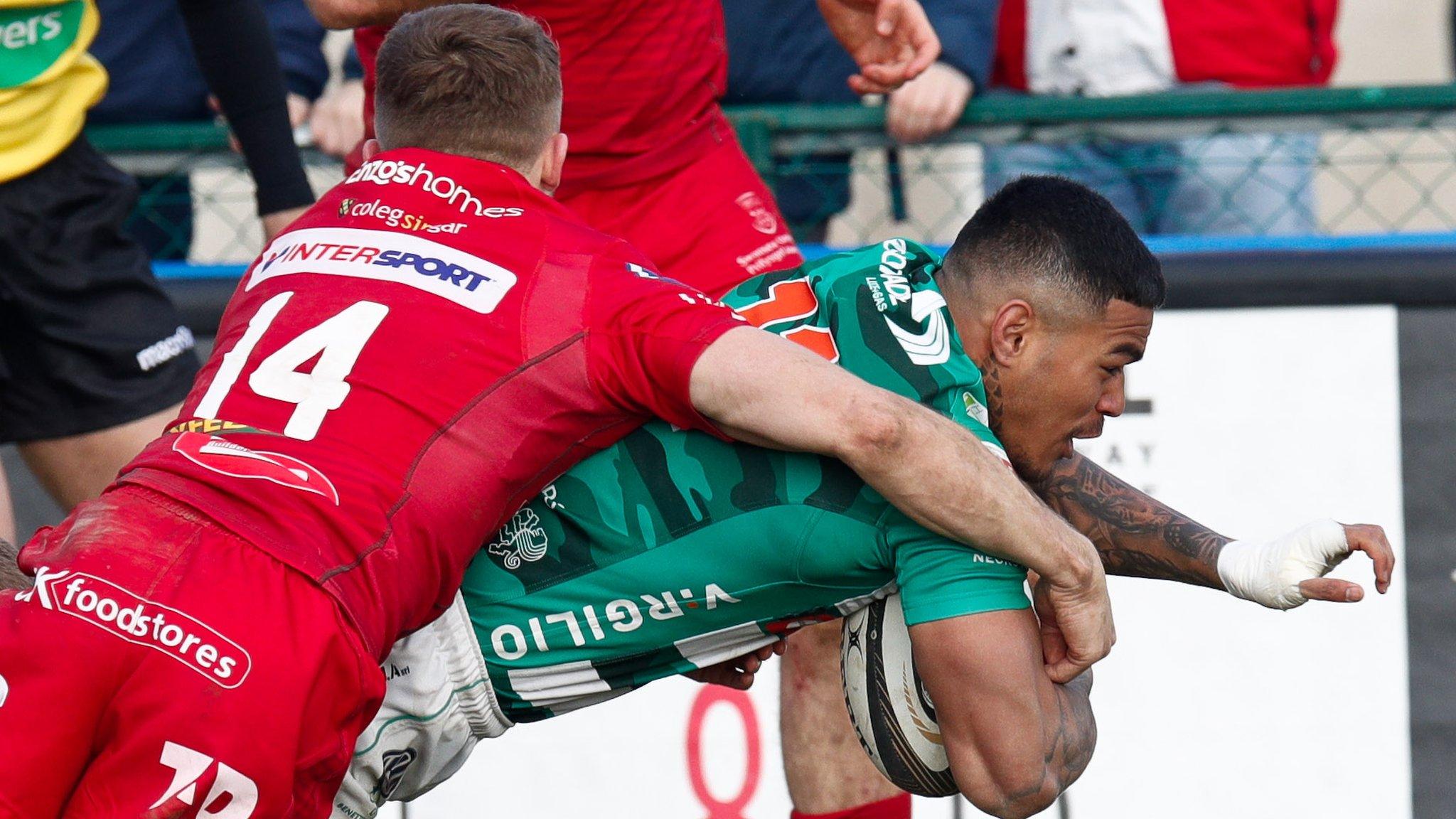 Monty Ioane goes over for his second try against Scarlets