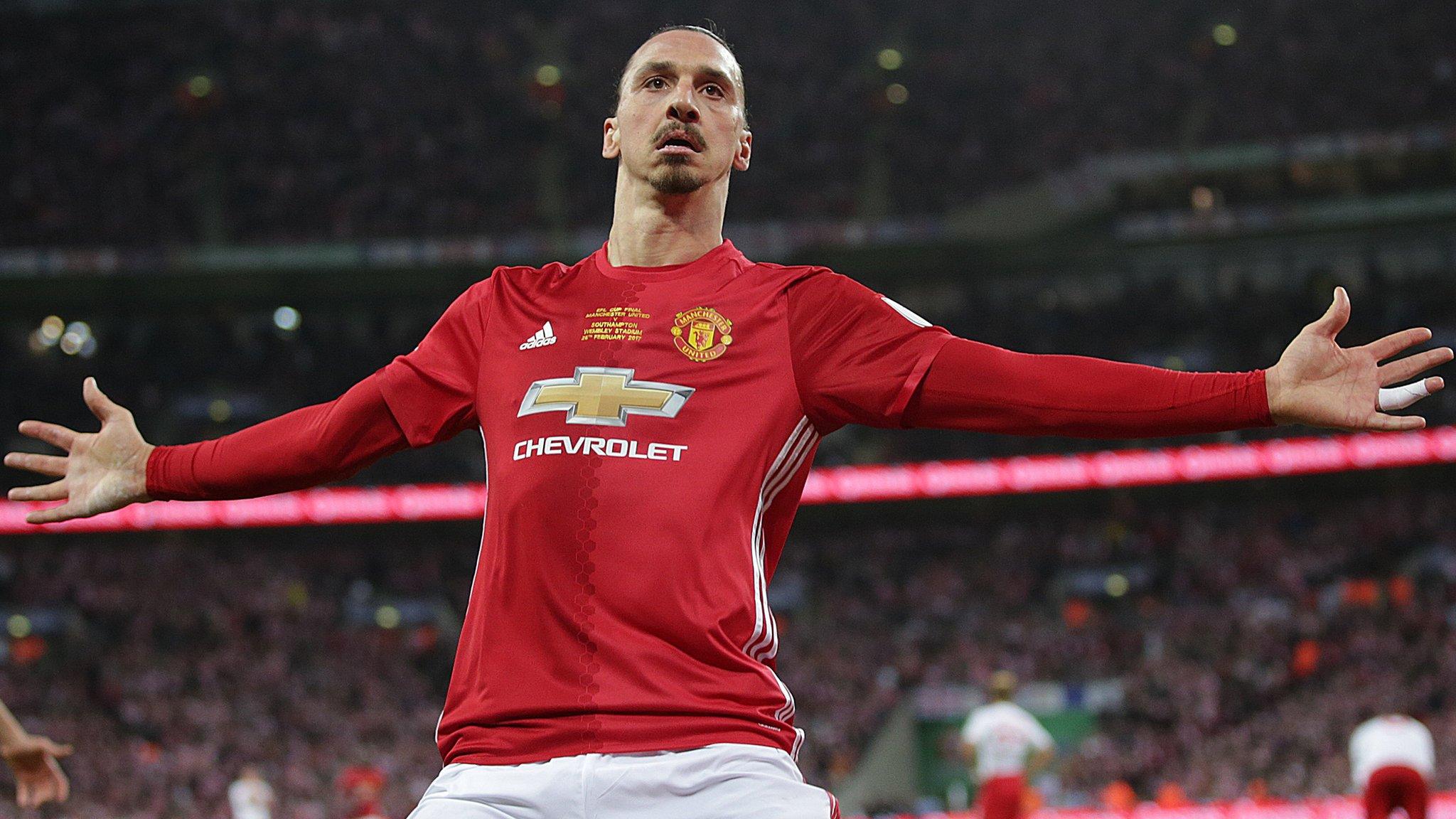 Zlatan Ibrahimovic celebrates scoring for Manchester United against Southampton in the EFL Cup final at Wembley