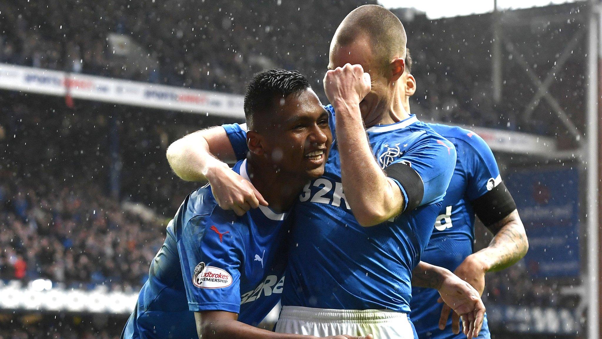 Kenny Miller helps Alfredo Morelos celebrate his goal for Rangers against Dundee