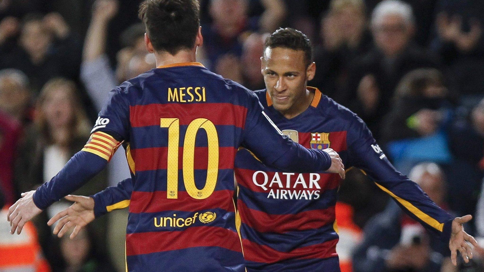 Lionel Messi and Neymar celebrate a Barcelona goal against Real Betis