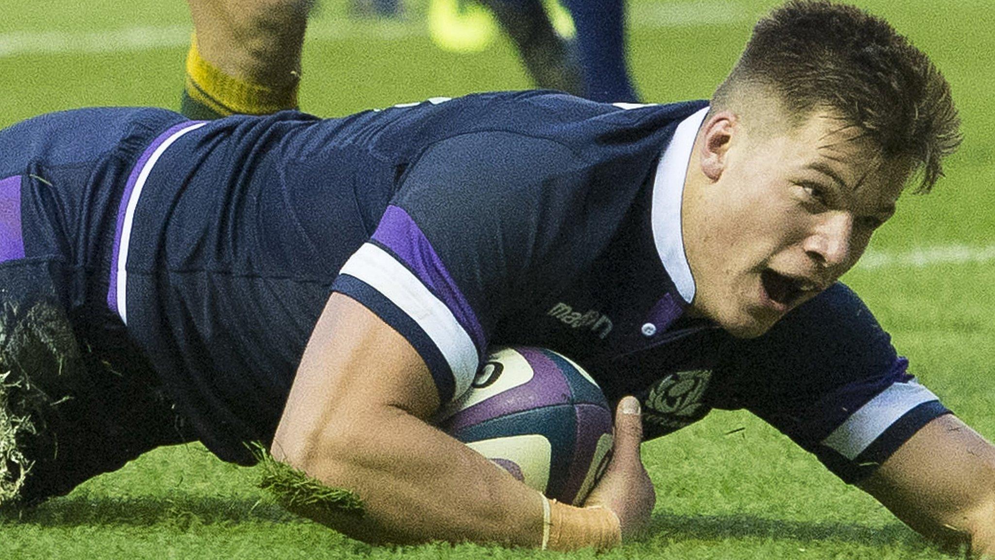 Huw Jones scores for Scotland against Australia