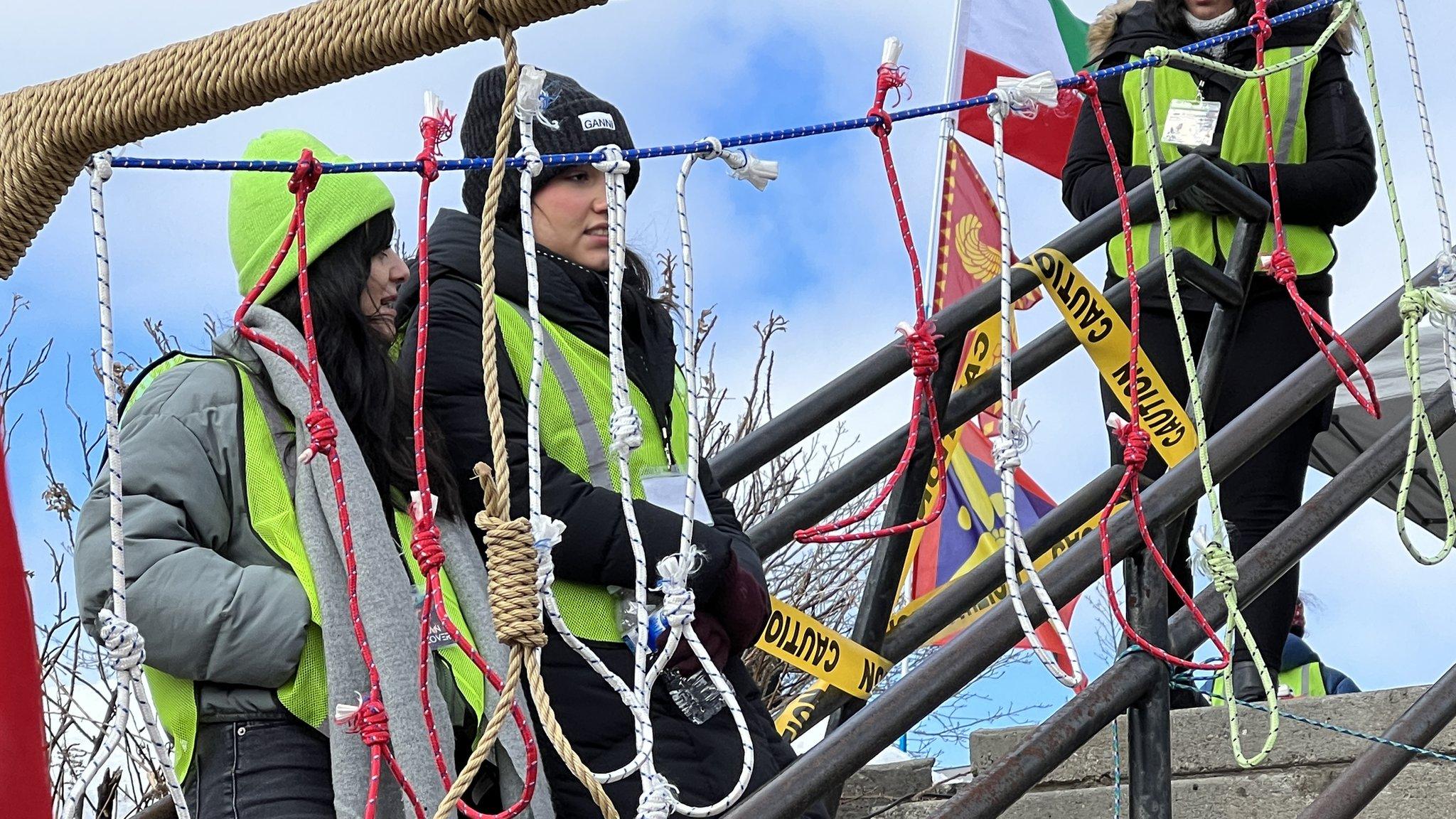 Nooses hang as Iranians protest in Richmond Hill, Canada, on the 44th anniversary of the Islamic Revolution (11 February 2023)