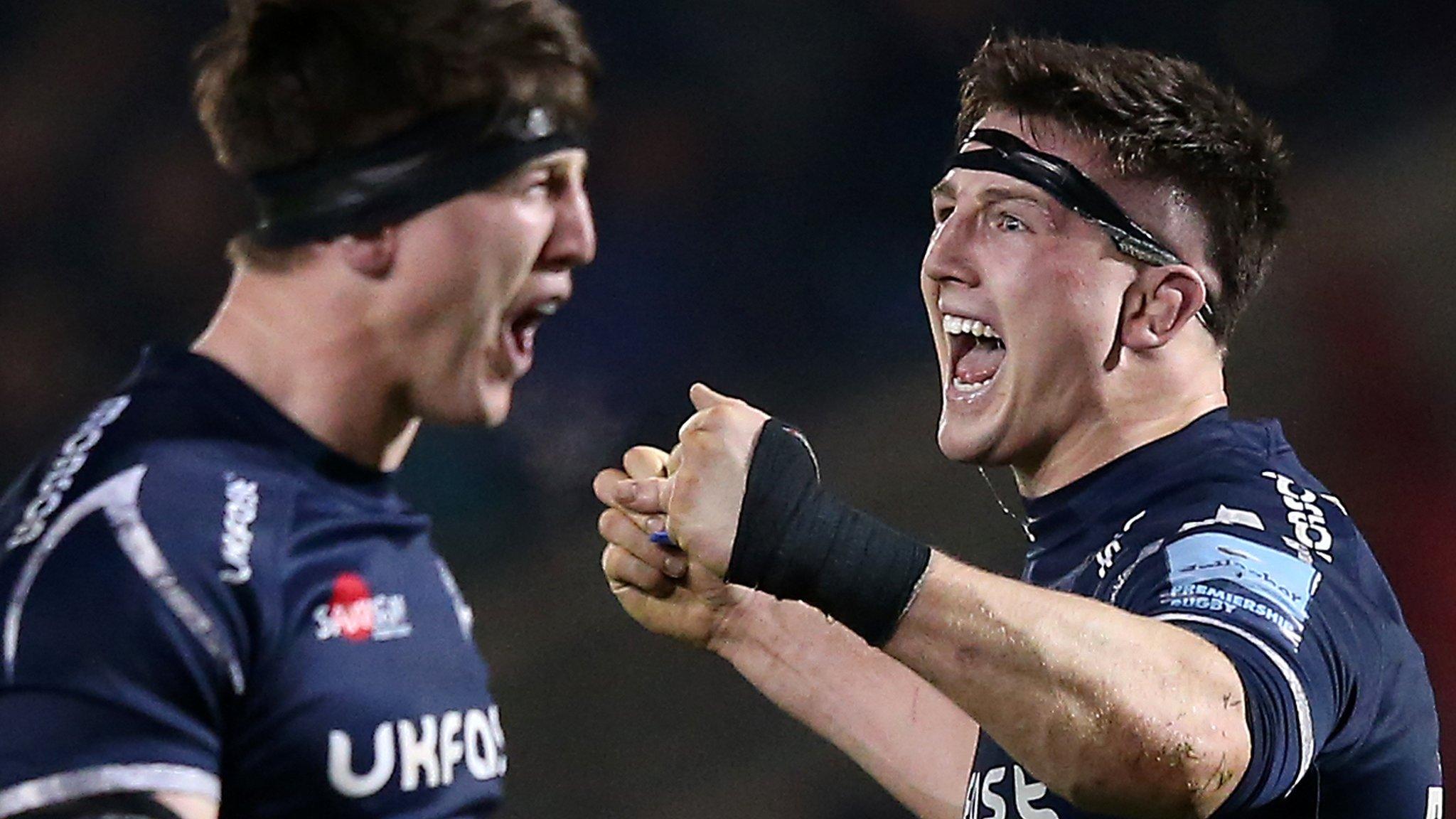 Tom Curry and Ben Curry celebrate Sale's victory over Saracens