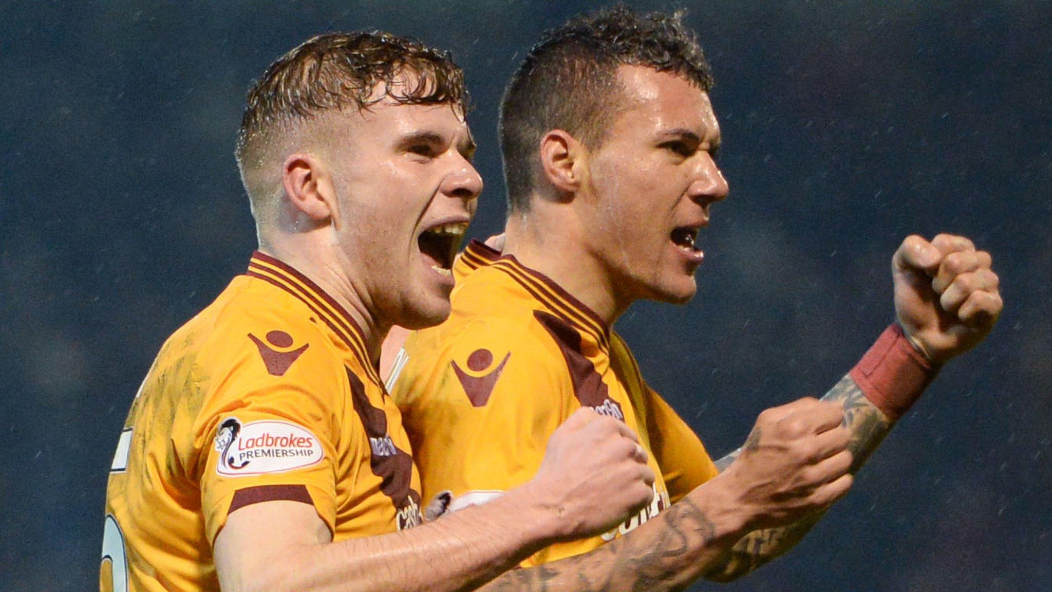 Motherwell celebrate their equaliser through Marvin Johnson (centre)