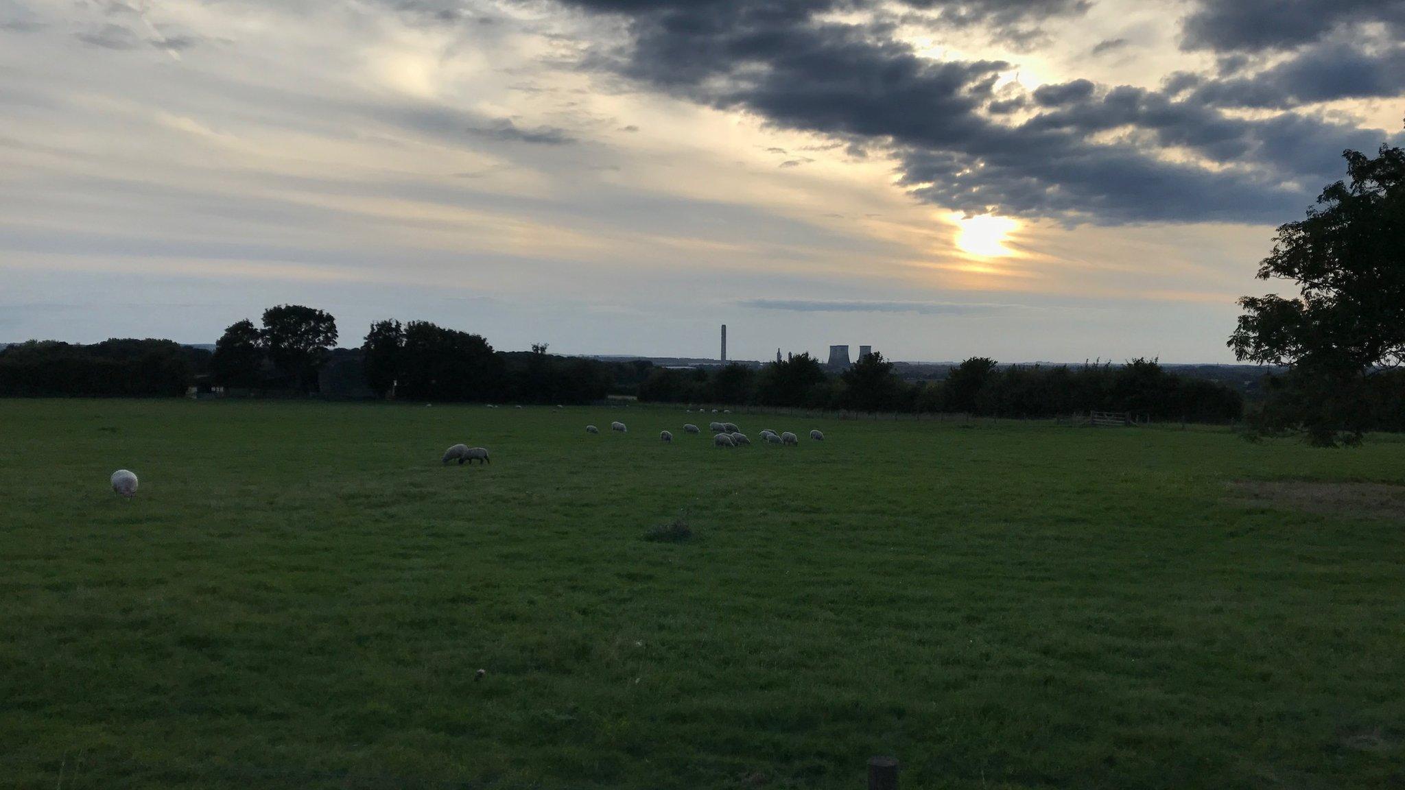 From Little Wittenham overlooking Didcot power station in Oxfordshire with the sun setting