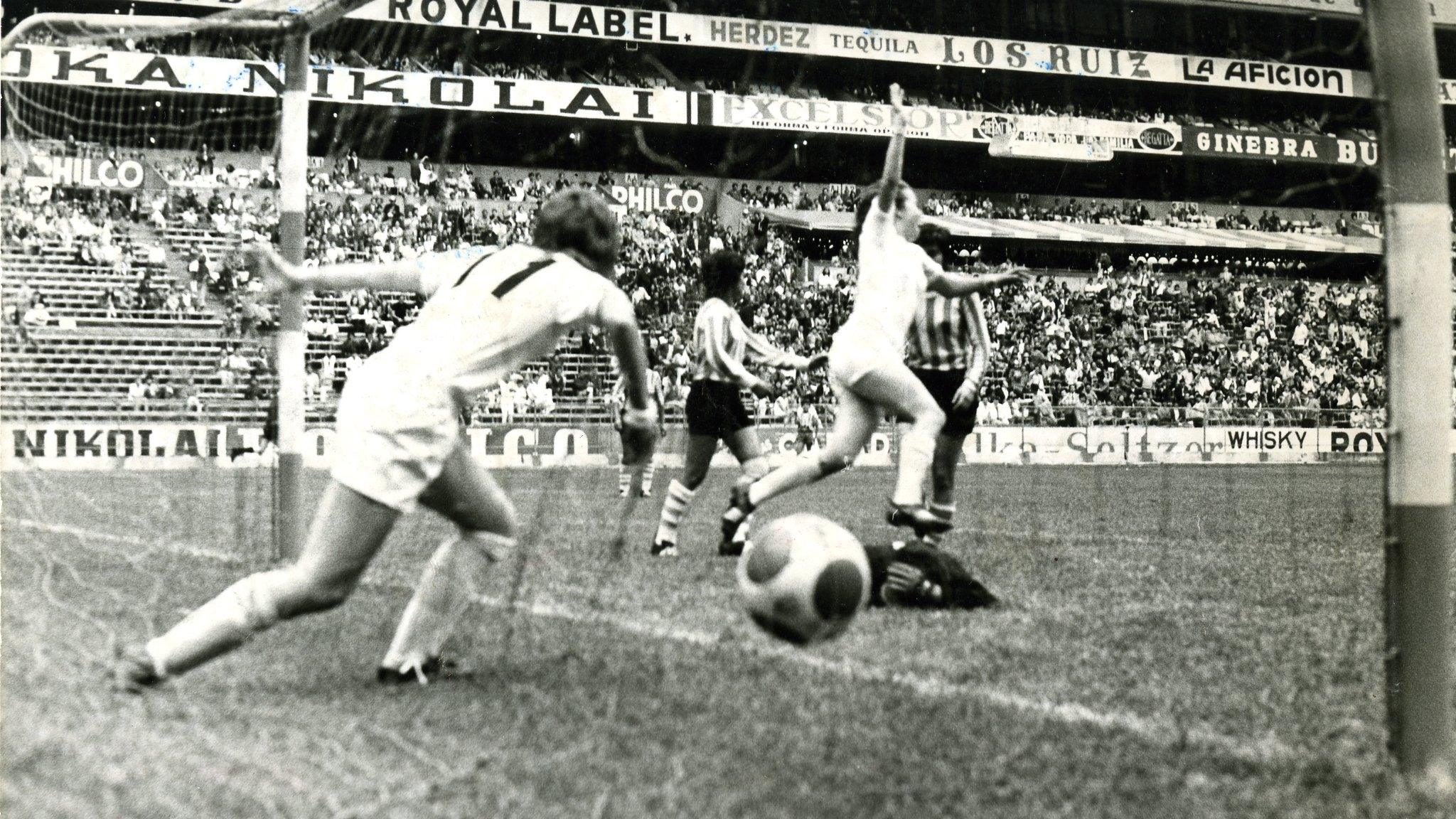 England players celebrate a goal against Argentina during the unofficial women's World Cup in Mexico in 1971