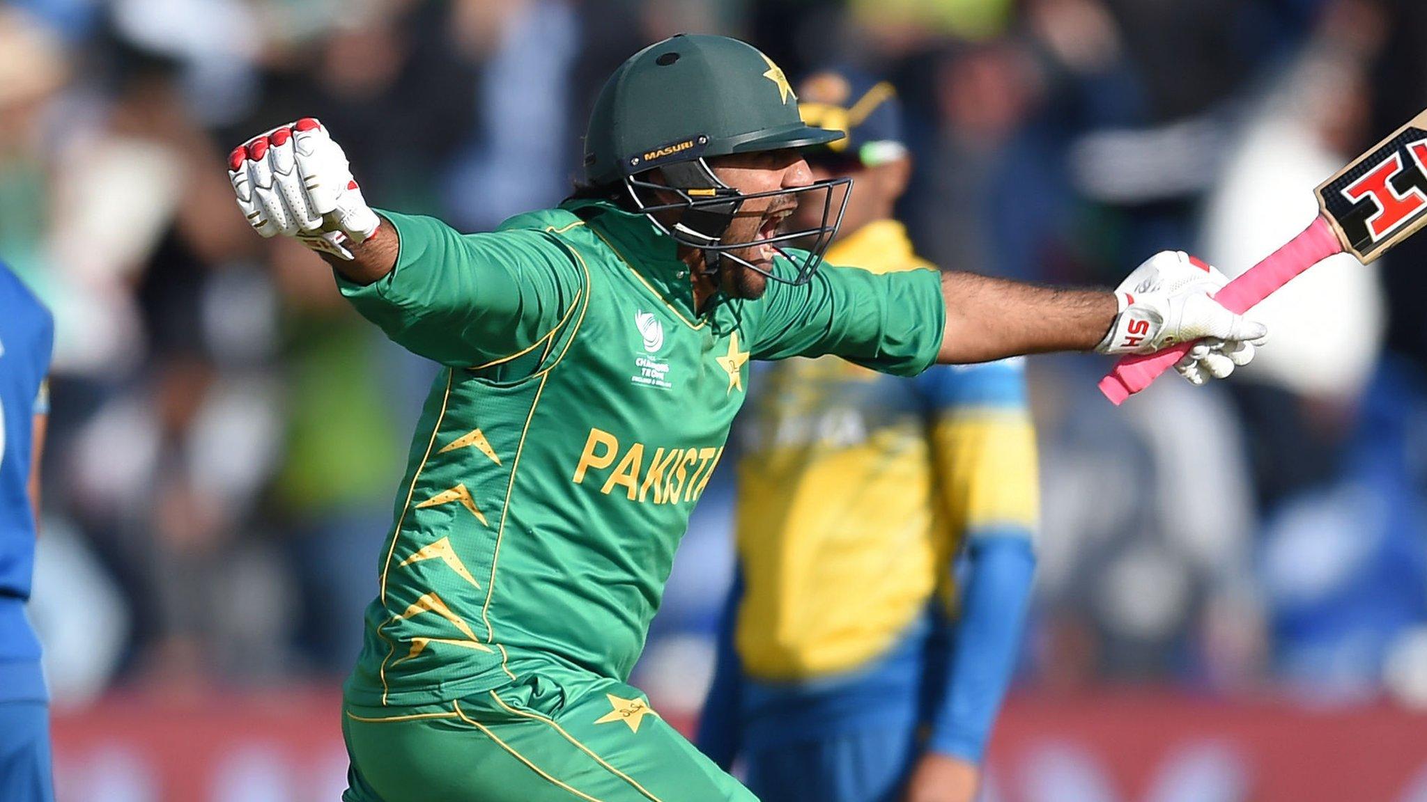 Pakistan captain Sarfraz Ahmed celebrates hitting the winning runs against Sri Lanka