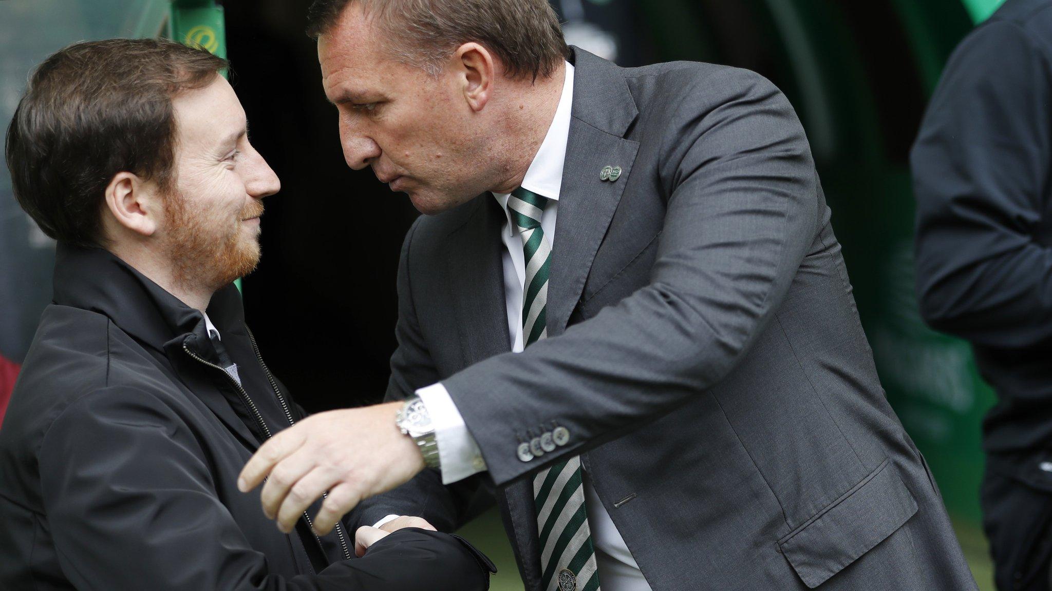 Former Hearts head coach Ian Cathro (left) and Celtic boss Brendan Rodgers