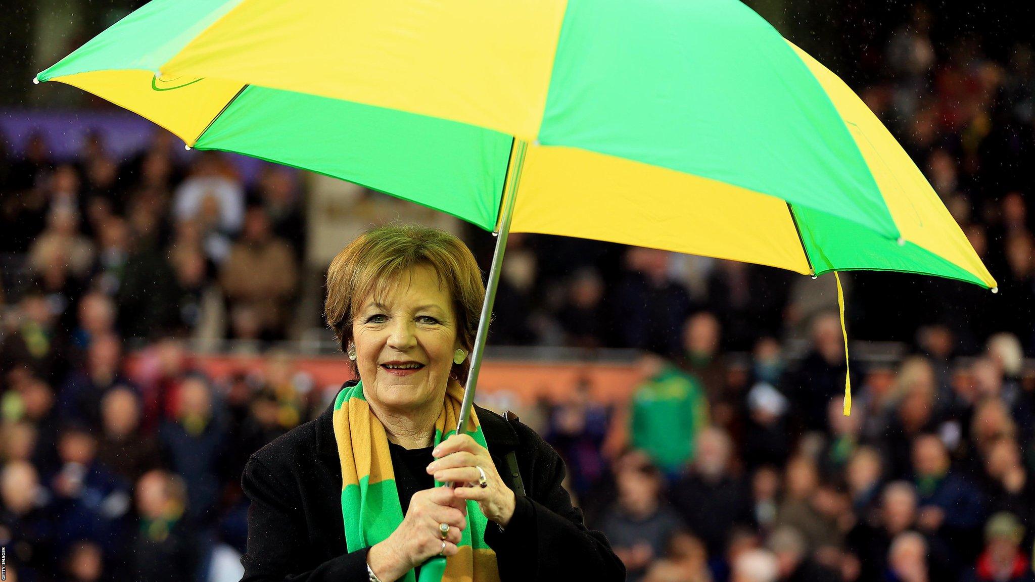 Delia Smith holding a Norwich City umbrella