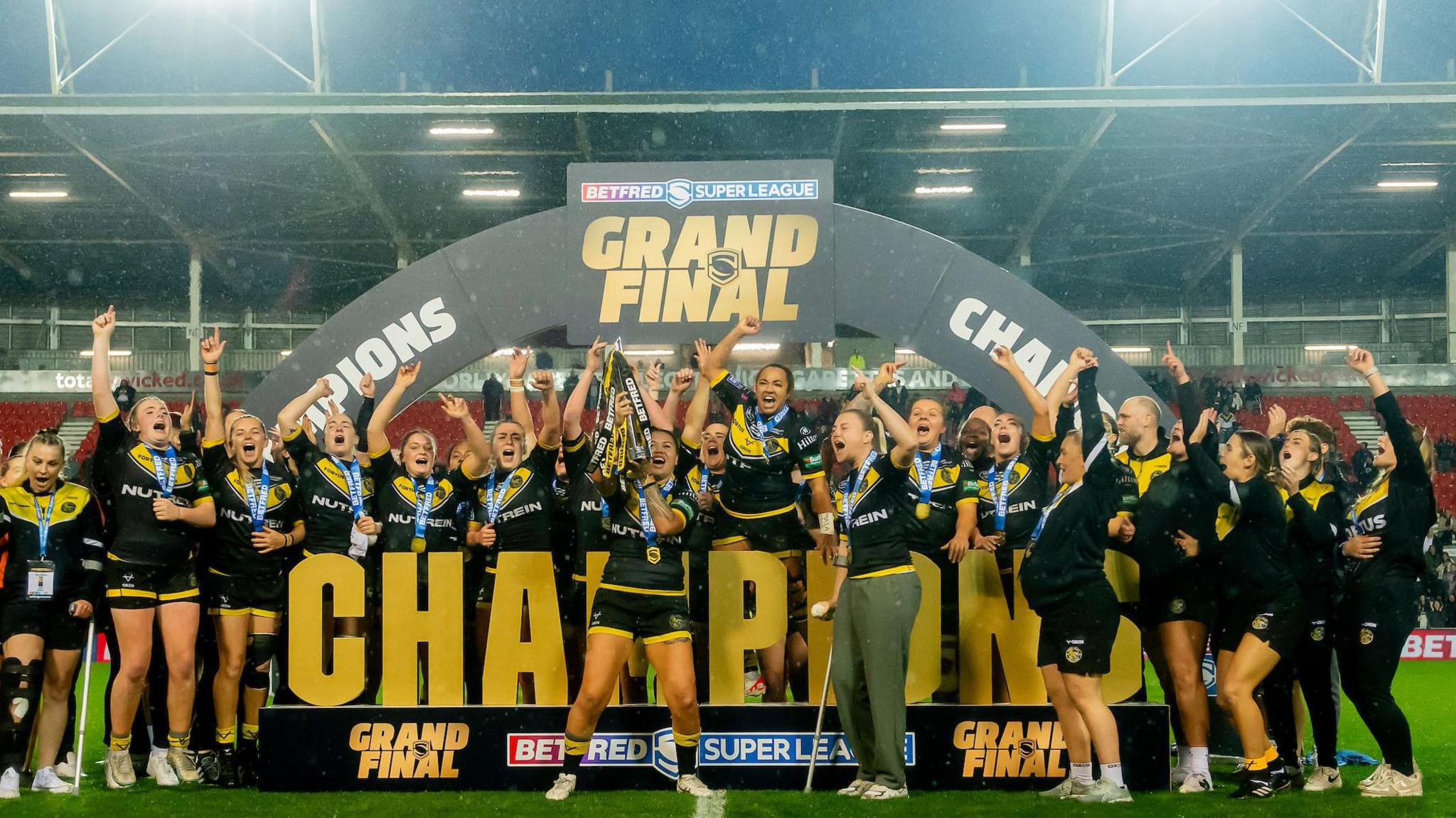 York Valkyrie lift the 2024 Super League trophy after beating St Helens in the Grand Final