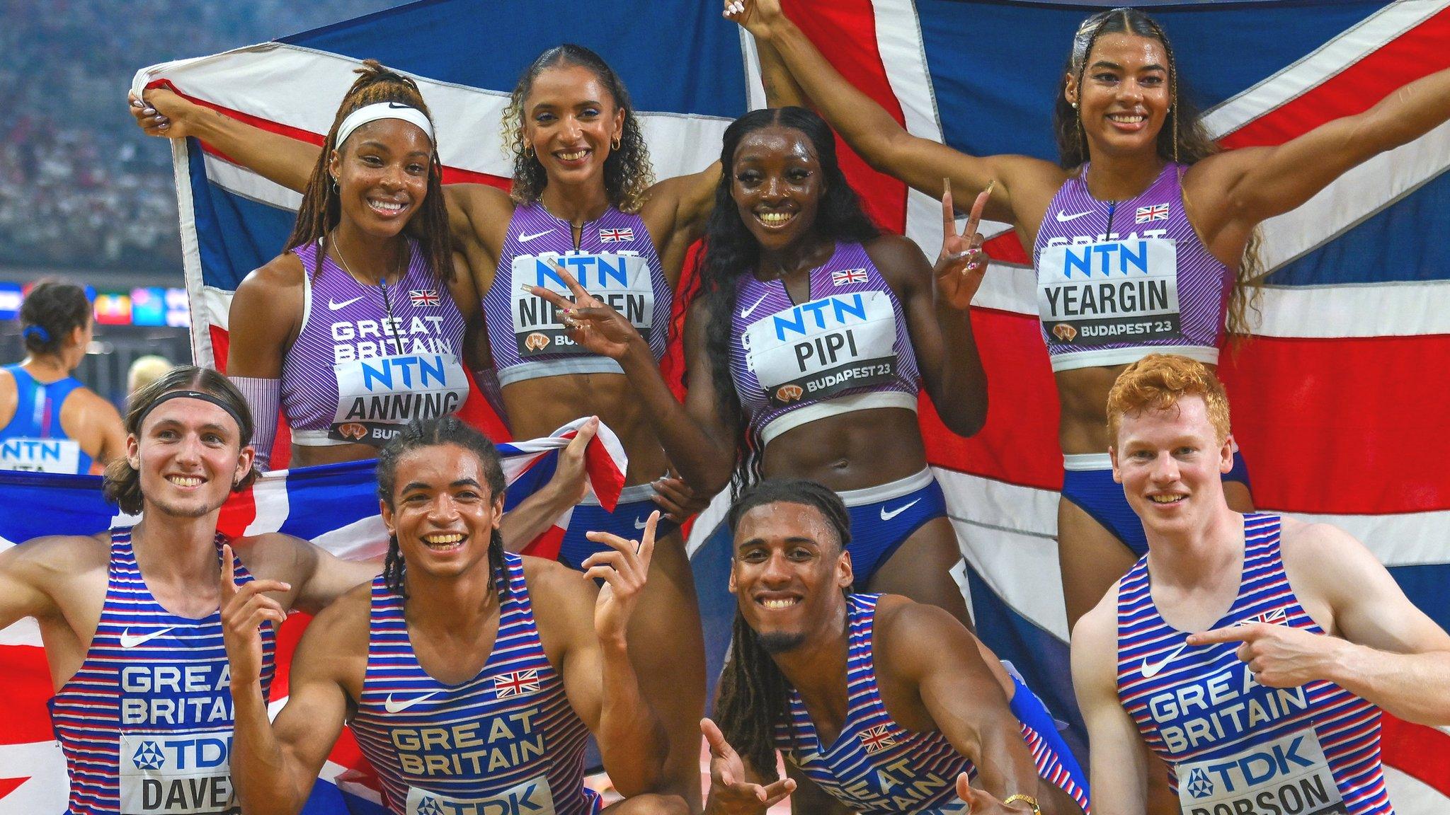 Great Britain's 4x400m relay teams celebrate winning bronze medals in the final events at the World Championships in Budapest