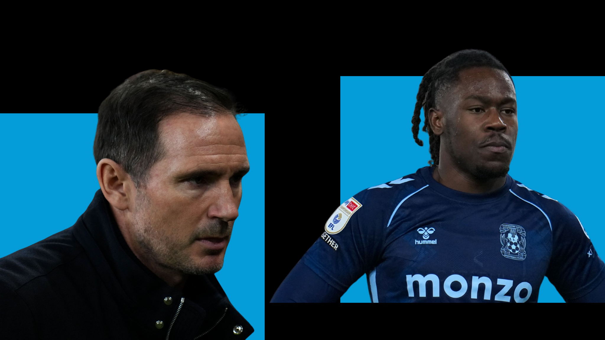 Head shots of Coventry City head coach Frank Lampard on the left and Brandon Thomas-Asante on the right with both looking slightly concerned