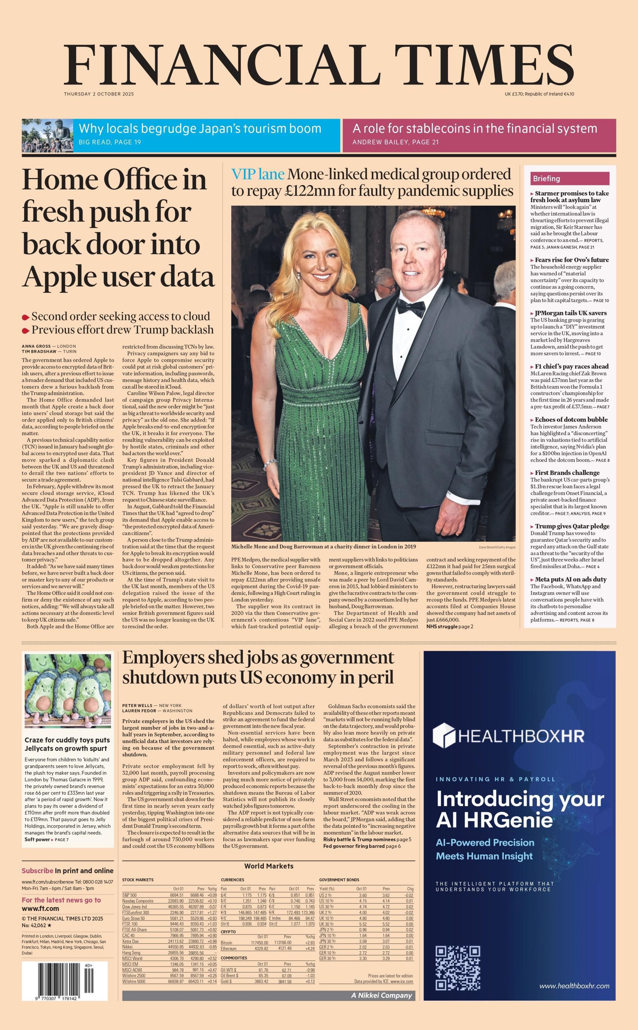 The headline on the front page of the Financial Times reads: "Home Office in fresh push for back door into Apple user data".