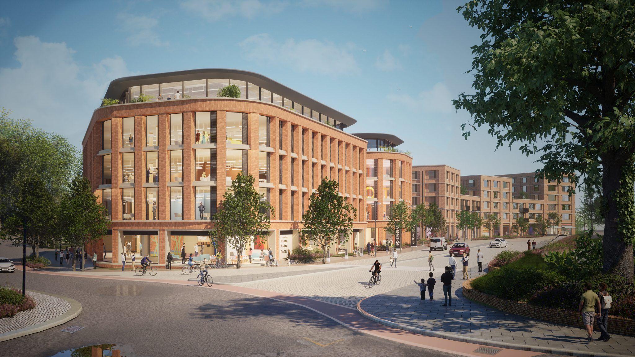 An artist's impression of five-storey light brown buildings with tall narrow windows alongside roads on which people are walking and cycling. There are trees spaced along the footpath.