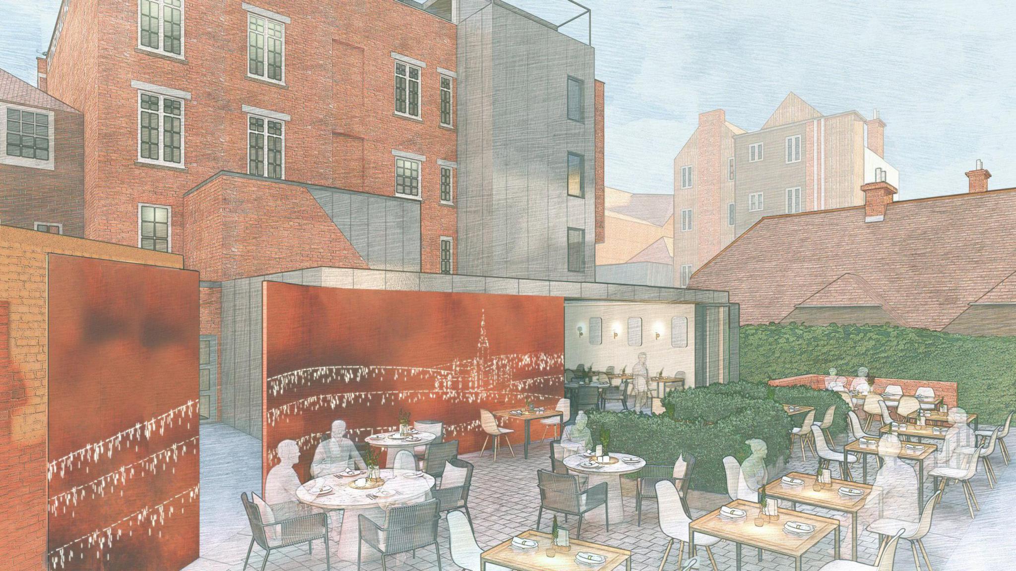 Design concept for the hotel rooftop bar. It depicts various tables with people sat around them. Other buildings can be seen in the distance.