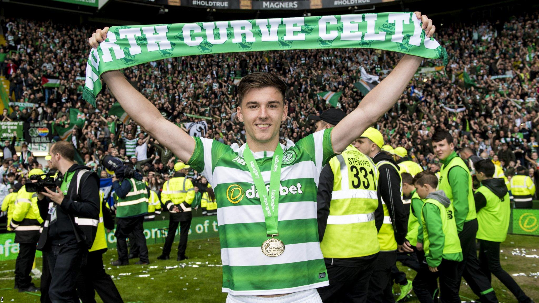 Kieran Tierney celebrates winning the Premiership title with Celtic