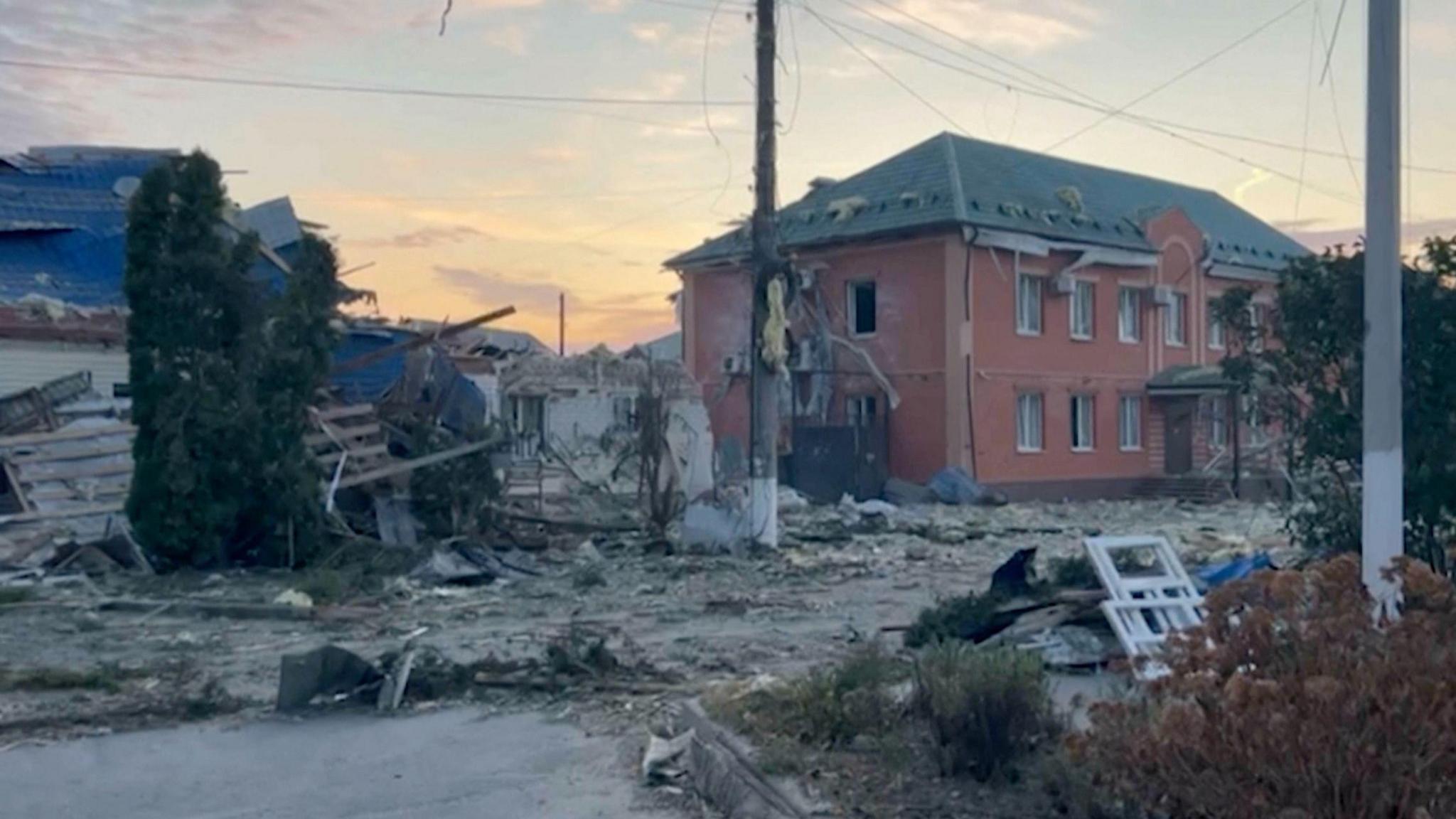 Destroyed buildings in the town of Sudzha following an incursion of Ukrainian troops into the Kursk region