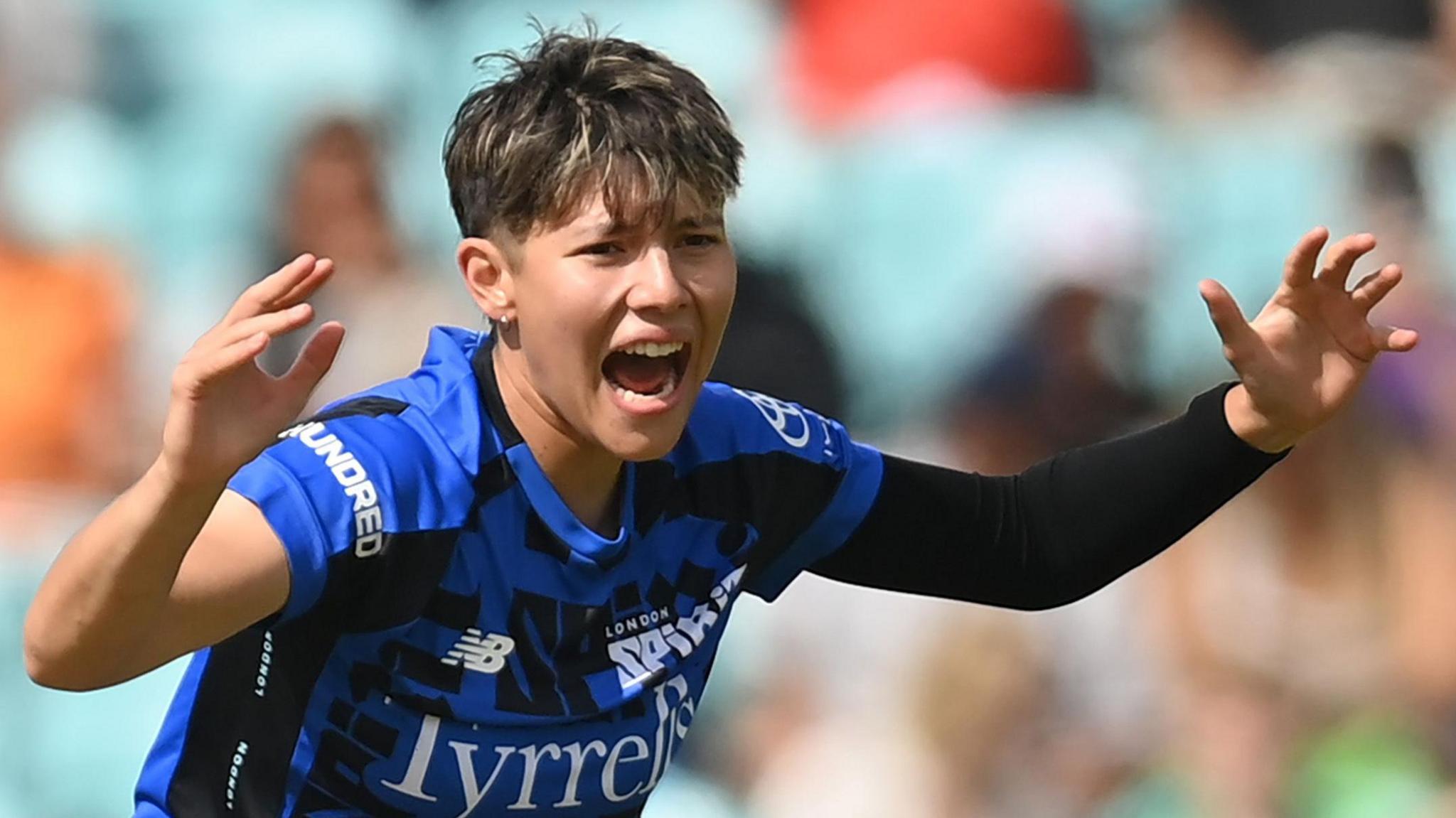 London Spirit fast bowler Issy Wong appeals during a Hundred match