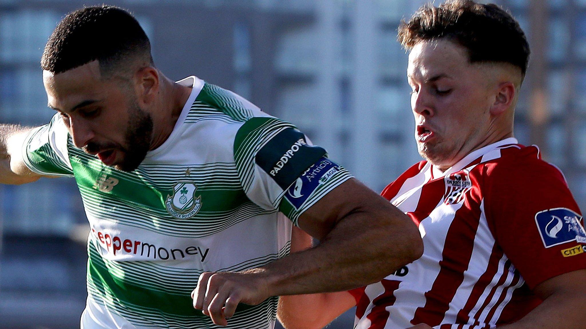 Shamrock Rovers' defender Roberto Lopes is challenged by Derry City's Ben Doherty