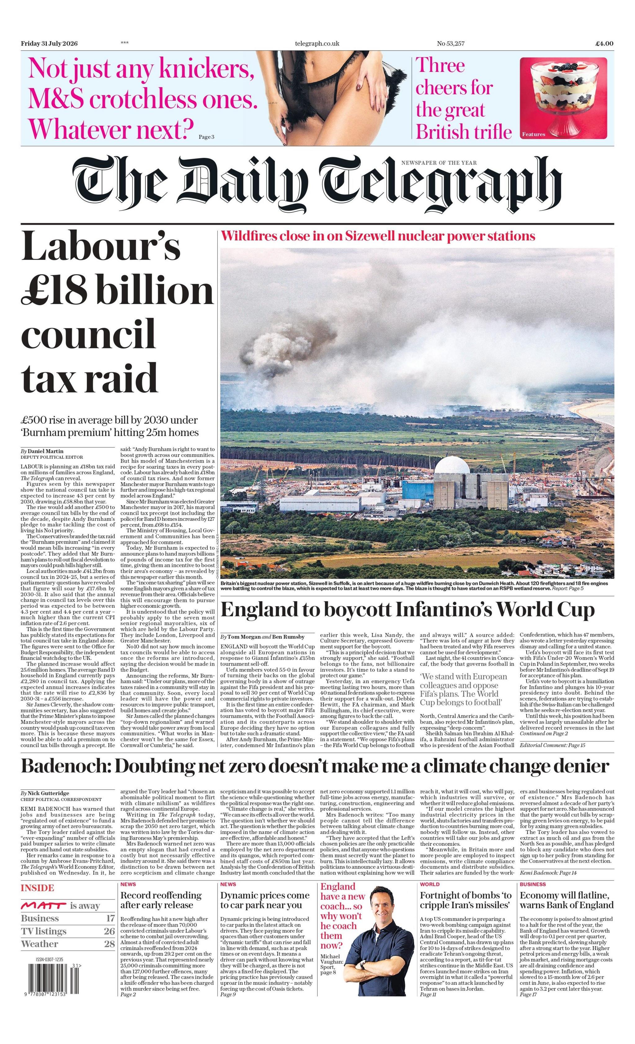 "Labour's £18 billion council tax raid," reads the headline on the front page of the Daily Telegraph.