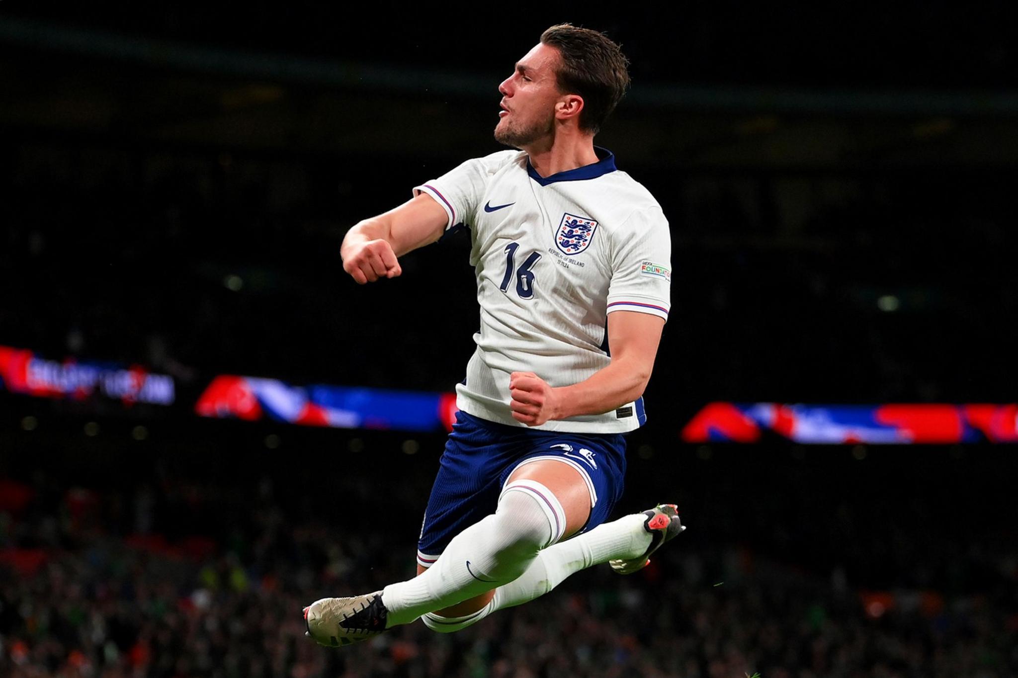 Taylor Harwood-Bellis of England celebrates scoring his team's fifth goal during the Uefa Nations League match between England and Republic of Ireland at Wembley Stadium on 17 November 2024 in London, England.