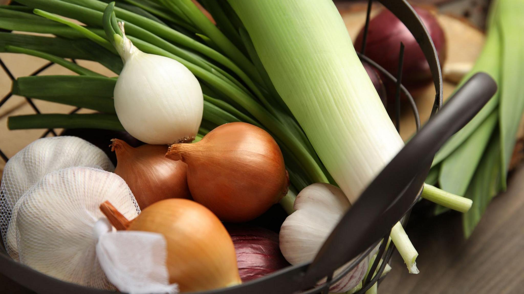 White and red onions sit in a black wire basked with garlic wrapped in mesh packaging and leeks resting on top