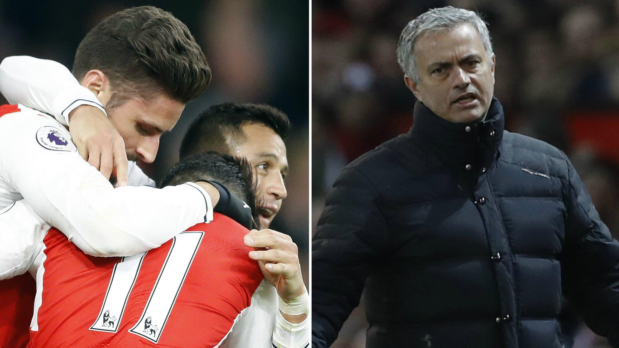 Arsenal celebrate and Mourinho looks frustrated