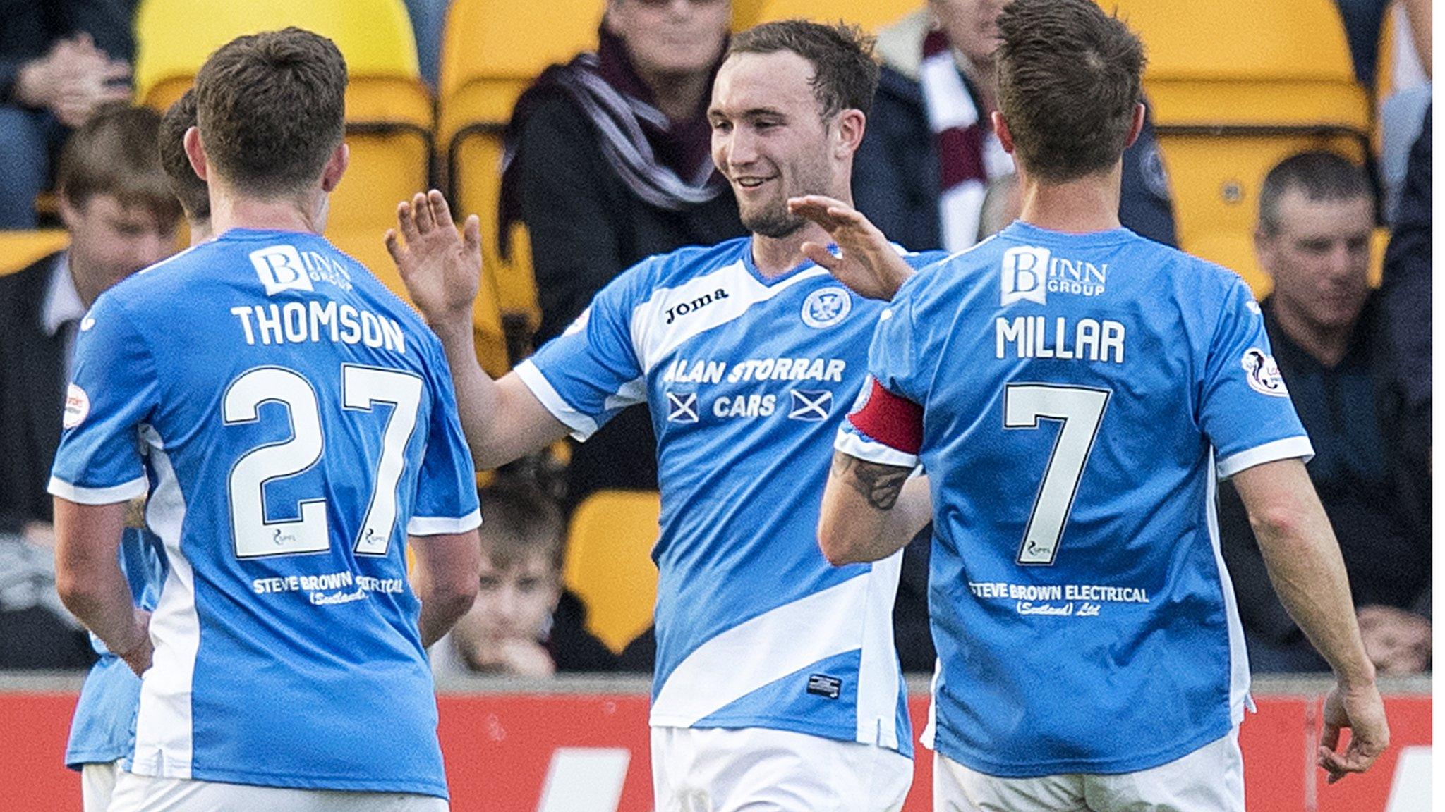 Chris Kane (centre) celebrates scoring for St Johnstone against Hearts